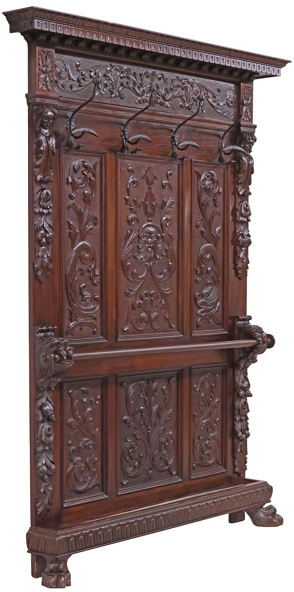 ITALIAN RENAISSANCE REVIVAL CARVED WALNUT & WROUGHT IRON HALL TREE (1 of 7)