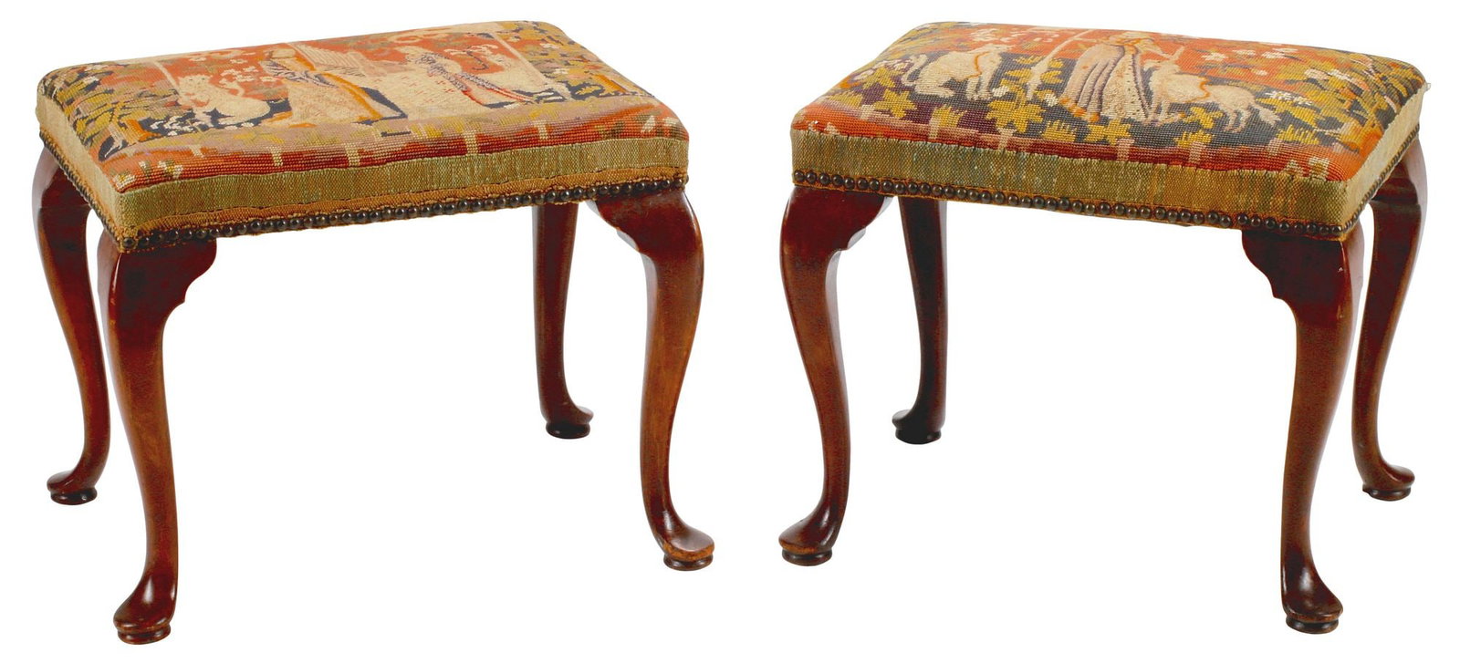 (2) QUEEN ANNE STYLE NEEDLEPOINT-UPHOLSTERED BENCHES / STOOLS: (pair) Queen Anne style upholstered benches/ stools, each having padded seat in figural needlework upholstery, depicting medieval maidens and animals in verdant landscapes, rising on cabriole legs,