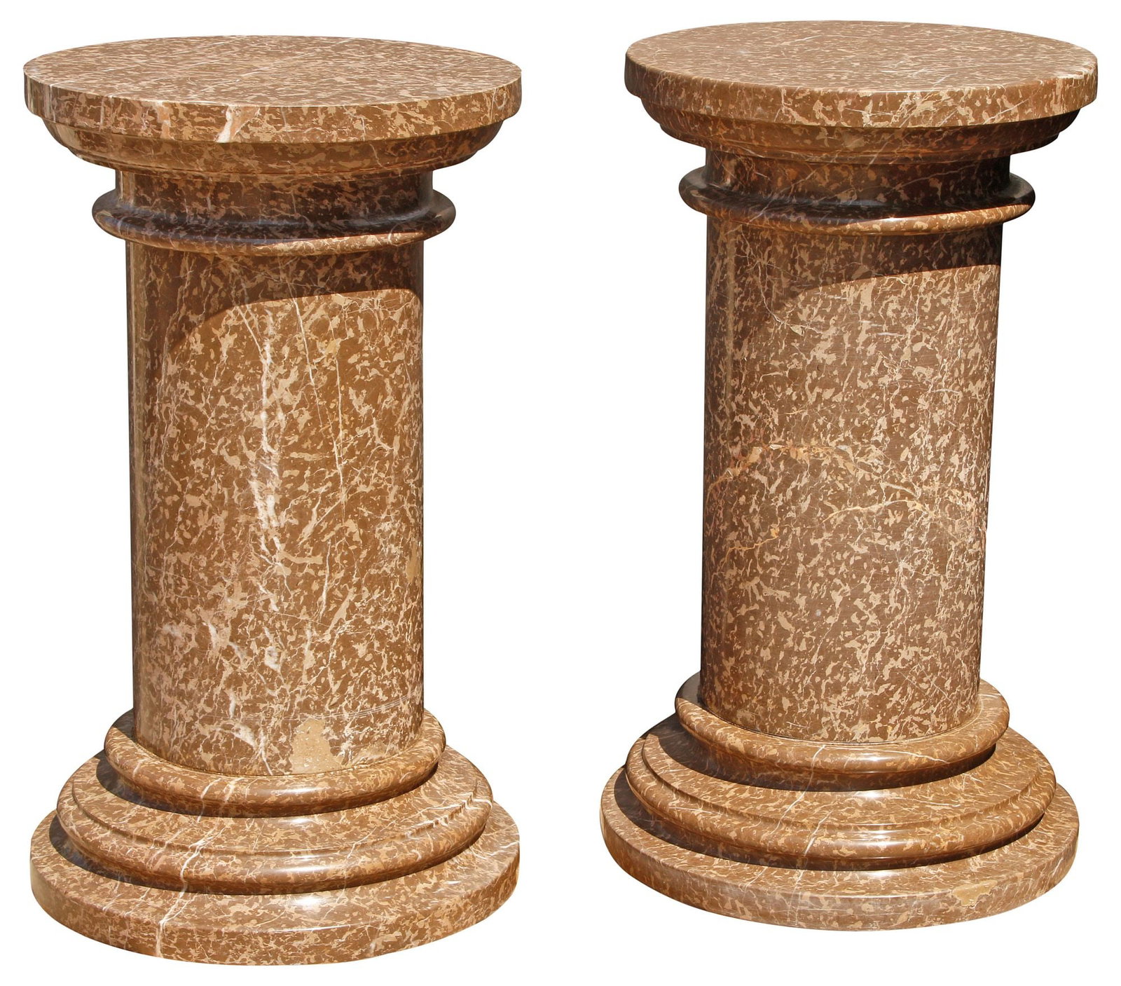 (2) LARGE VARIEGATED MARBLE PEDESTALS, 35"H: (pair) Large variegated marble pedestals, each with circular top above cylindrical standard, on molded stepped base, small fill on one pedestal, approx 35.5"h, 17.5"diam