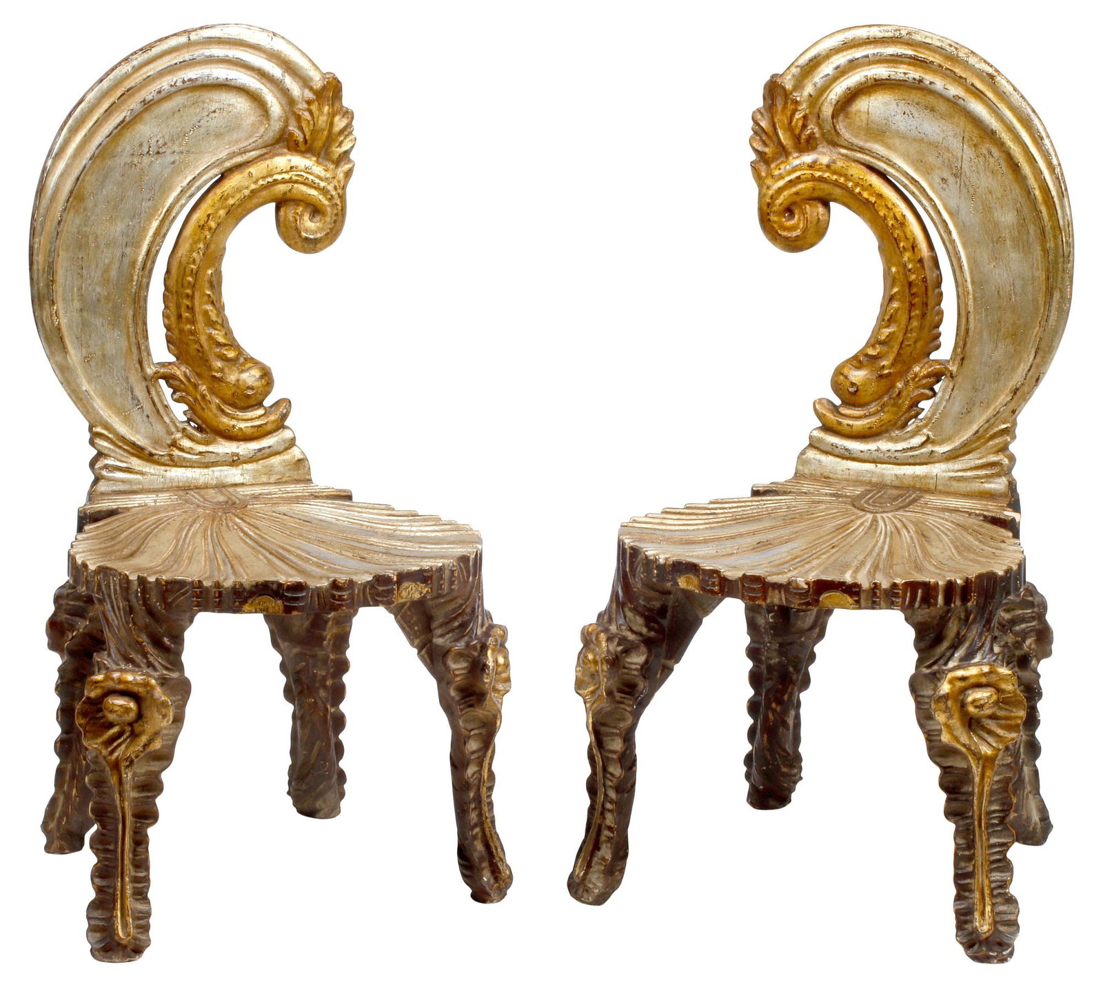 (2) VENETIAN STYLE PARCEL GILT DOLPHIN & SHELL 'GROTTO' SIDE CHAIRS: (pair) Venetian style "Grotto" side chairs, silver and gilt wood,m each cresting back with dolphin, on shell seat and supports, approx 36"h, 20"w, 18"d, seat height: appr
