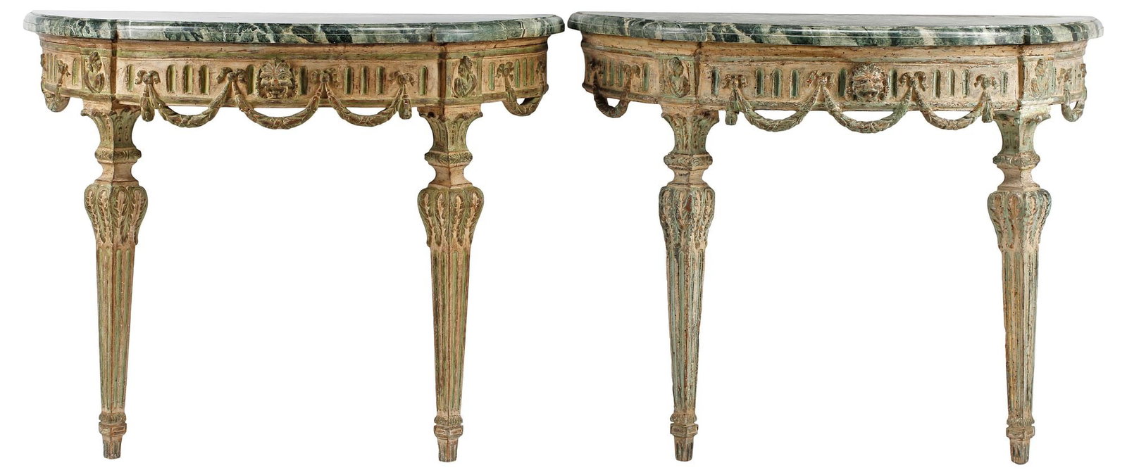 (2) NEOCLASSICAL STYLE PAINTED FAUX MARBLE DEMILUNE CONSOLE TABLES (1 of 7)