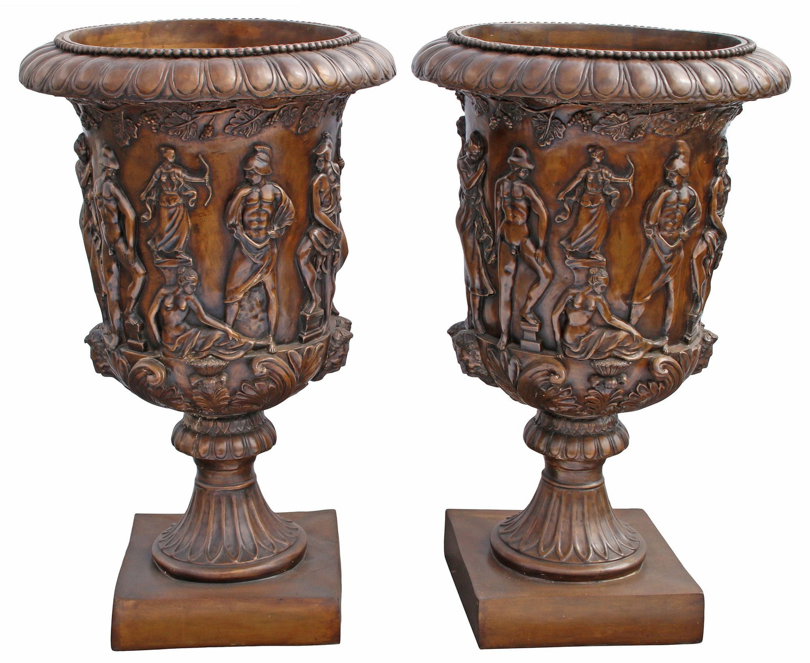 (2) LARGE NEOCLASSICAL STYLE FIGURAL PATINATED BRONZE URNS, 42"H: (pair) Large Neoclassical style patinated bronze urns, each having gadrooned rim, over frieze with allegorical figures in low relief, rising on fluted socle and square foot, shallow denting to top of 
