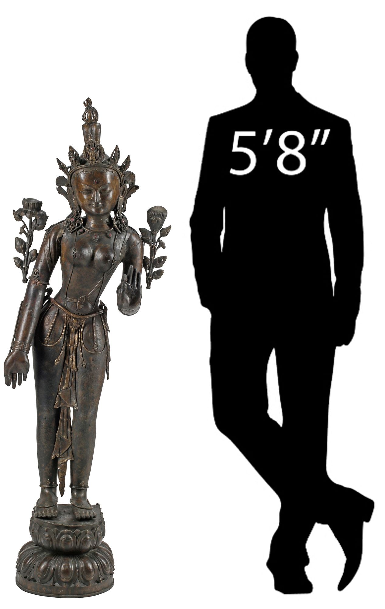 SOUTHEAST ASIAN PATINATED BRONZE FIGURE, BUDDHIST DEITY TARA, 58"H (1 of 6)