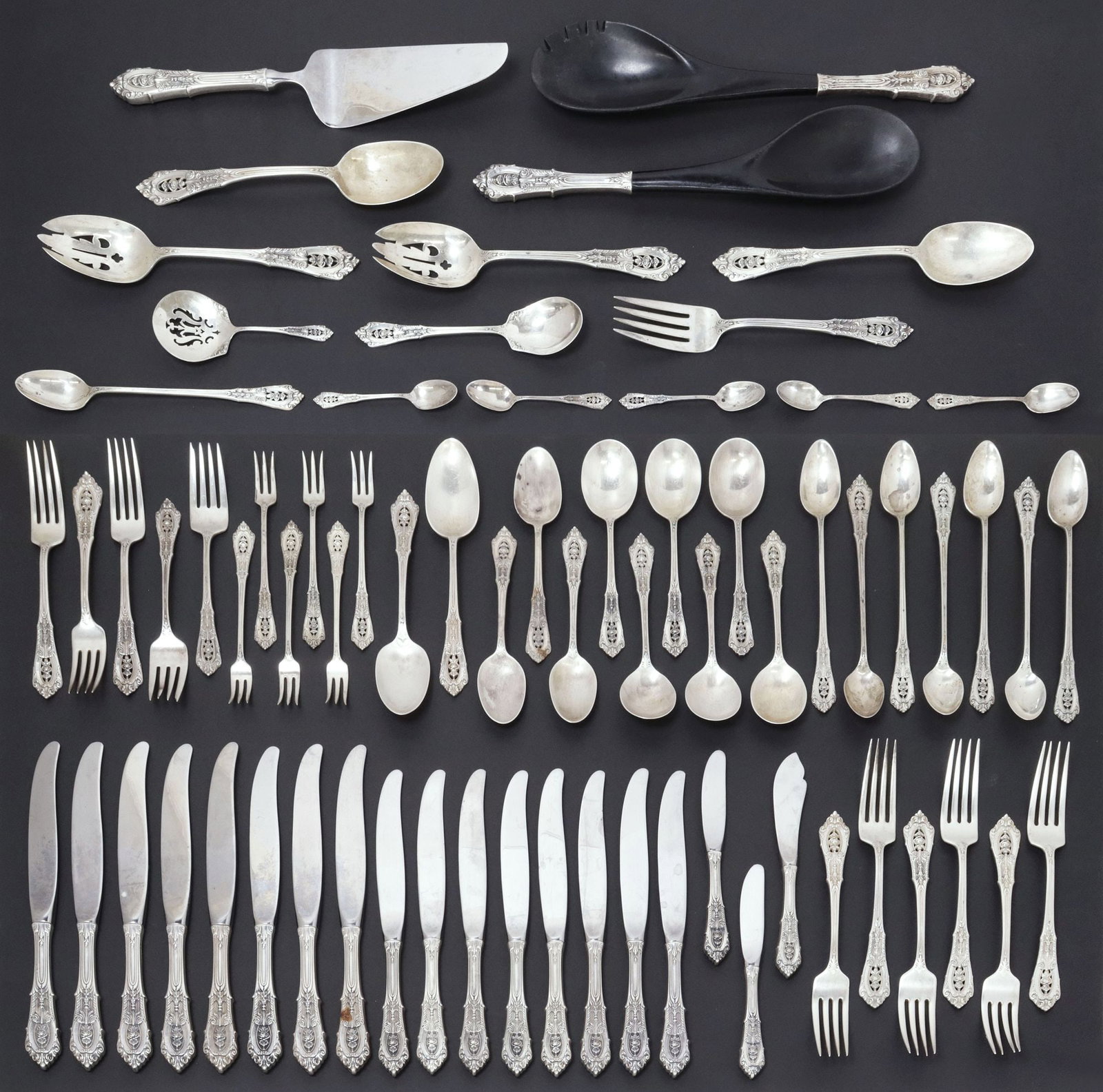 (70) WALLACE 'GOLDEN ROSE POINT' STERLING SILVER FLATWARE SERVICE, 54.57OZT: (lot of 70) American sterling silver flatware service, Wallace Silversmiths, in the "Golden Rose Point" pattern, no observed monograms, including: (8) modern hollow handle knives, with stain