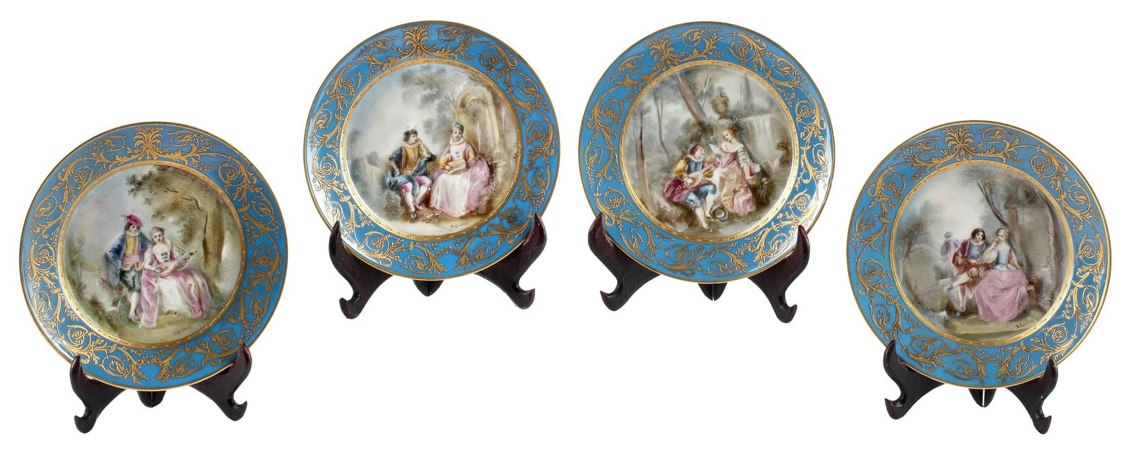 (4) FINE FRENCH SEVRES STYLE PARCEL-GILT BLEU CELESTE PORCELAIN DESSERT PLATES: (lot of 4) Fine French Sevres style parcel-gilt porcelain dessert plates, 19th c., each with unique hand-painted reserve depicting courting couples in forest landscape, bearing the artist's signature 