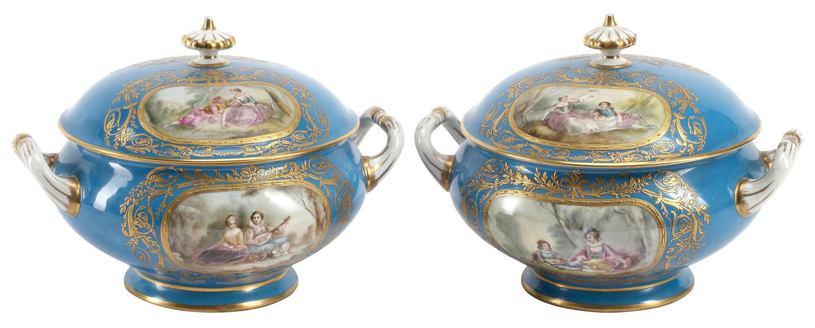 (2) FINE FRENCH SEVRES STYLE PARCEL-GILT BLEU CELESTE PORCELAIN COVERED TUREENS: (lot of 2) Fine French Sevres style parcel-gilt porcelain tureens and covers, 19th c., each with unique hand-painted reserve depicting courting couples in forest landscape, bearing the artist's signat