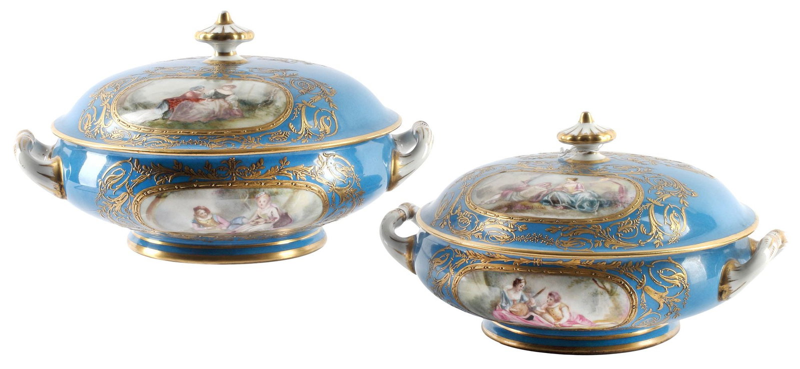 (2) FINE FRENCH SEVRES STYLE PARCEL-GILT BLEU CELESTE PORCELAIN COVERED TUREENS: (lot of 2) Fine French Sevres style parcel-gilt porcelain small tureens and covers, 19th c., each with unique hand-painted reserve depicting courting couples in forest landscape, bearing the artist's 