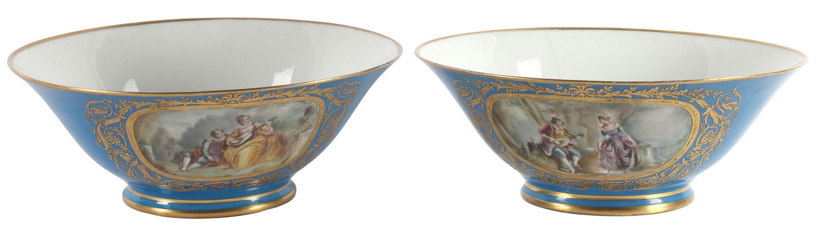 (2) FINE FRENCH SEVRES STYLE PARCEL-GILT BLEU CELESTE PORCELAIN SERVING BOWLS: (lot of 2) Fine French Sevres style parcel-gilt porcelain serving bowls, 19th c., each with unique hand-painted reserve depicting courting couples in forest landscape, bearing the artist's signature F