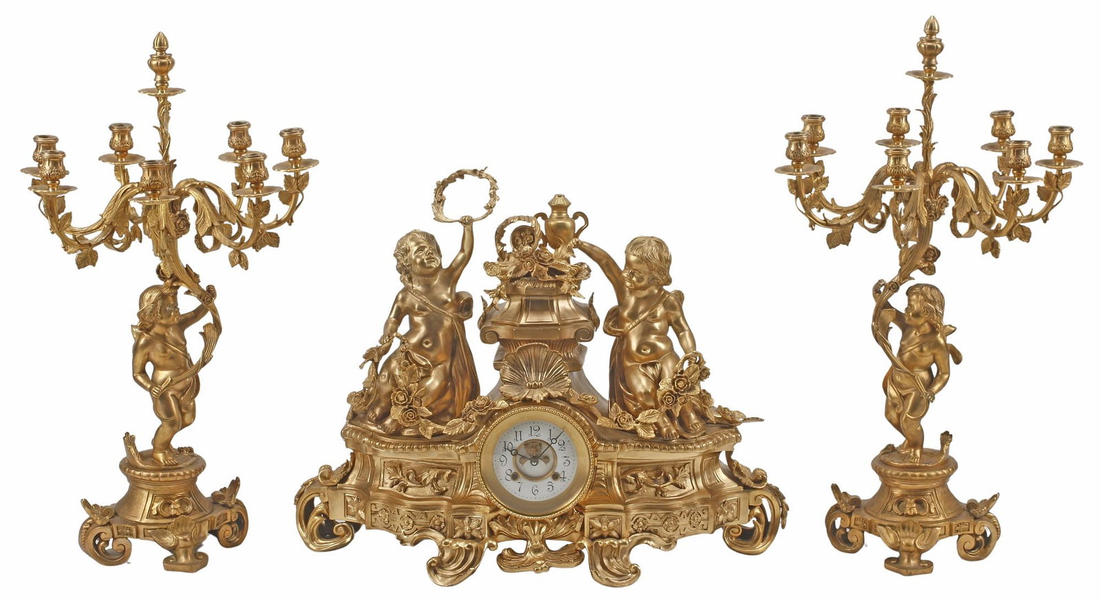 (3) LARGE LOUIS XV STYLE ORMOLU PUTTI MANTEL CLOCK & CANDELABRA GARNITURE SET (1 of 10)