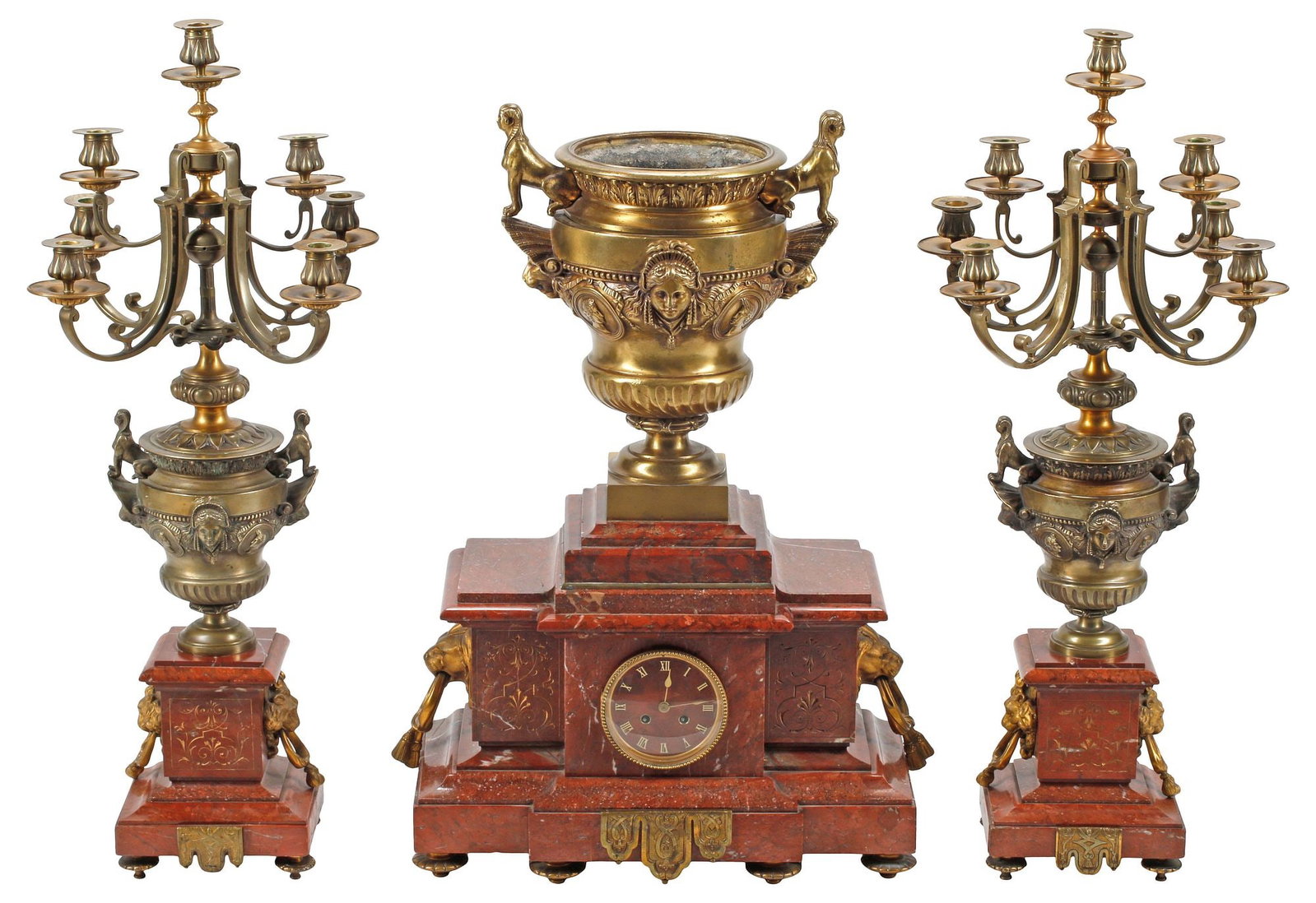 (3) FRENCH NEOCLASSICAL STYLE ORMOLU & ROUGE MARBLE MANTEL CLOCK SET (1 of 7)
