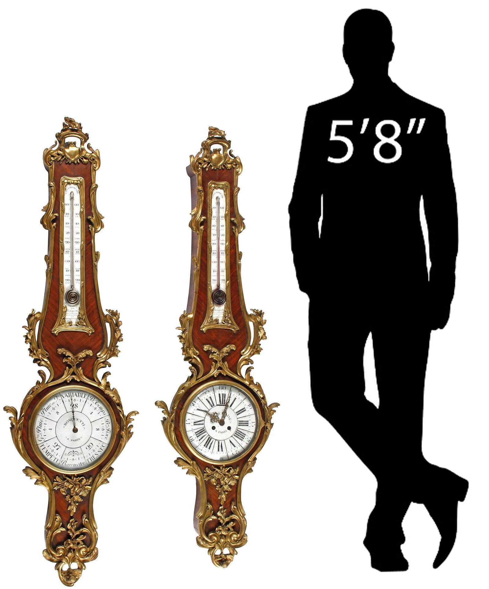 (2) FRENCH LOUIS XV STYLE ORMOLU-MOUNTED WALL CLOCK & BAROMETER, 45"H (1 of 6)