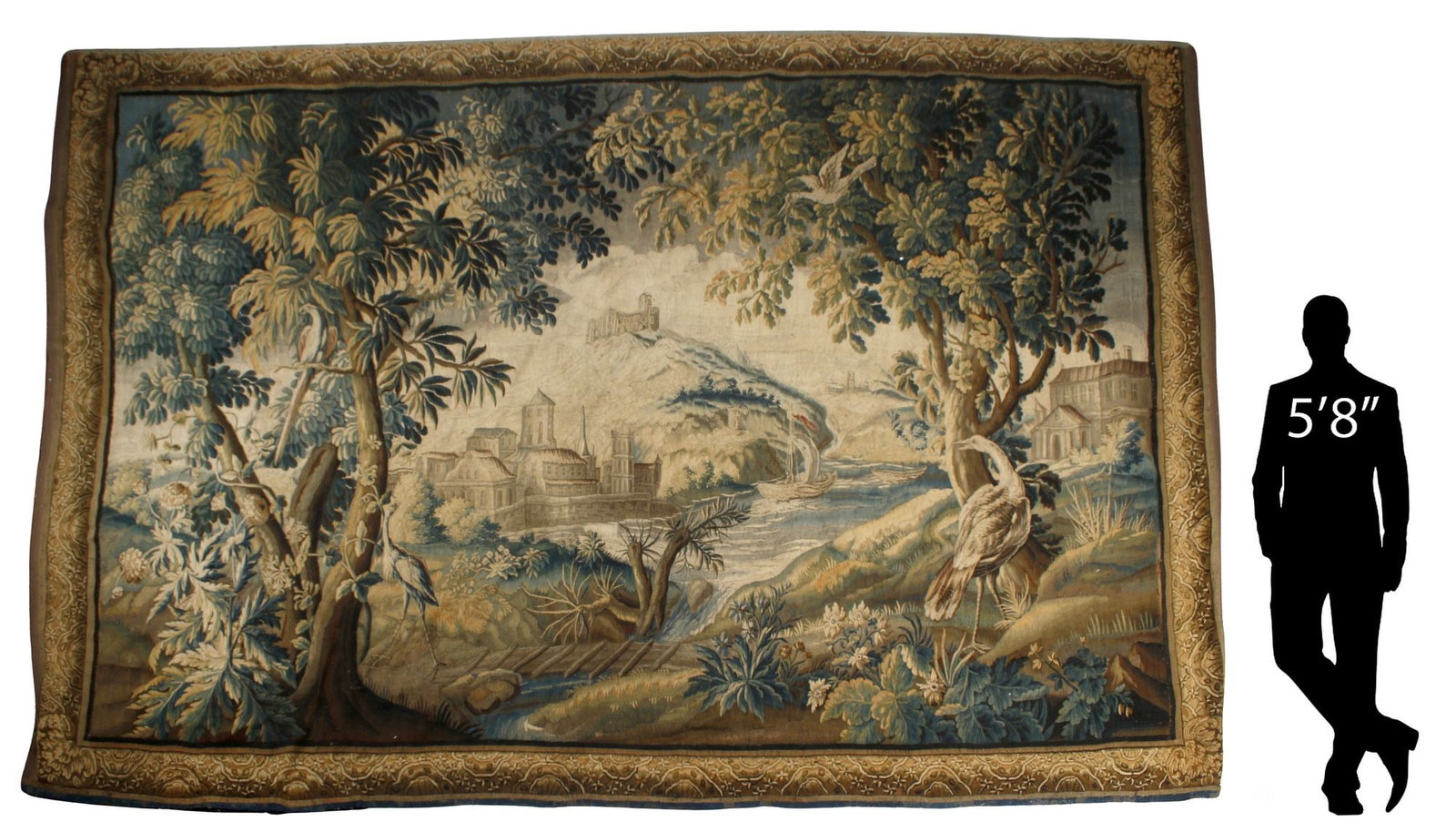 LARGE CONTINENTAL AUBUSSON STYLE VERDURE WOVEN TAPESTRY, 110" X 164" (1 of 6)