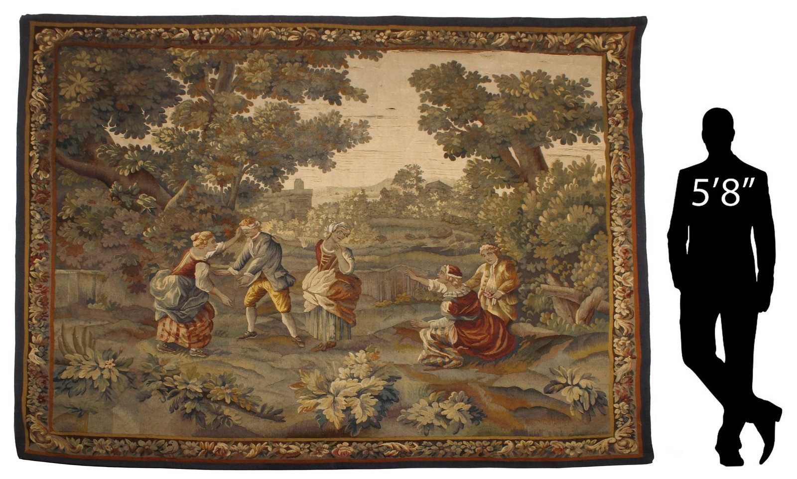 LARGE AUBUSSON STYLE 'BLIND MAN'S BLUFF' WOVEN TAPESTRY, 90" X 96": Continental Aubusson style handwoven tapestry, 18th c., depicting pastoral figures in a verdant landscape, playing the garden game "Le Jeu de Colin-Maillard (Blind Man's Bluff)," retaining Norbert's R