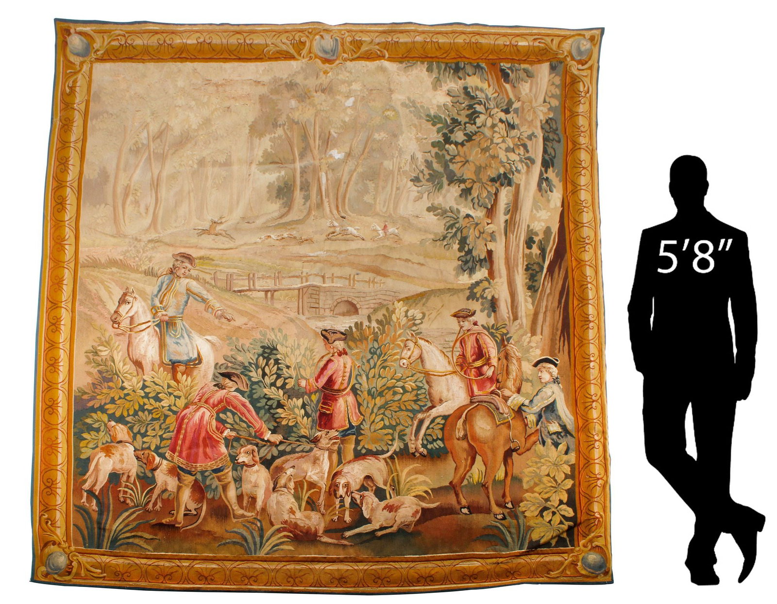 LARGE FRENCH AUBUSSON-STYLE WOVEN HUNT TAPESTRY, 93" X 87": Large French Aubusson style woven tapestry, 19th c., depicting mounted figures and hounds engaged in a stag hunt, in a lush forest landscape with creek and bridge, approx 93"h, 87"w