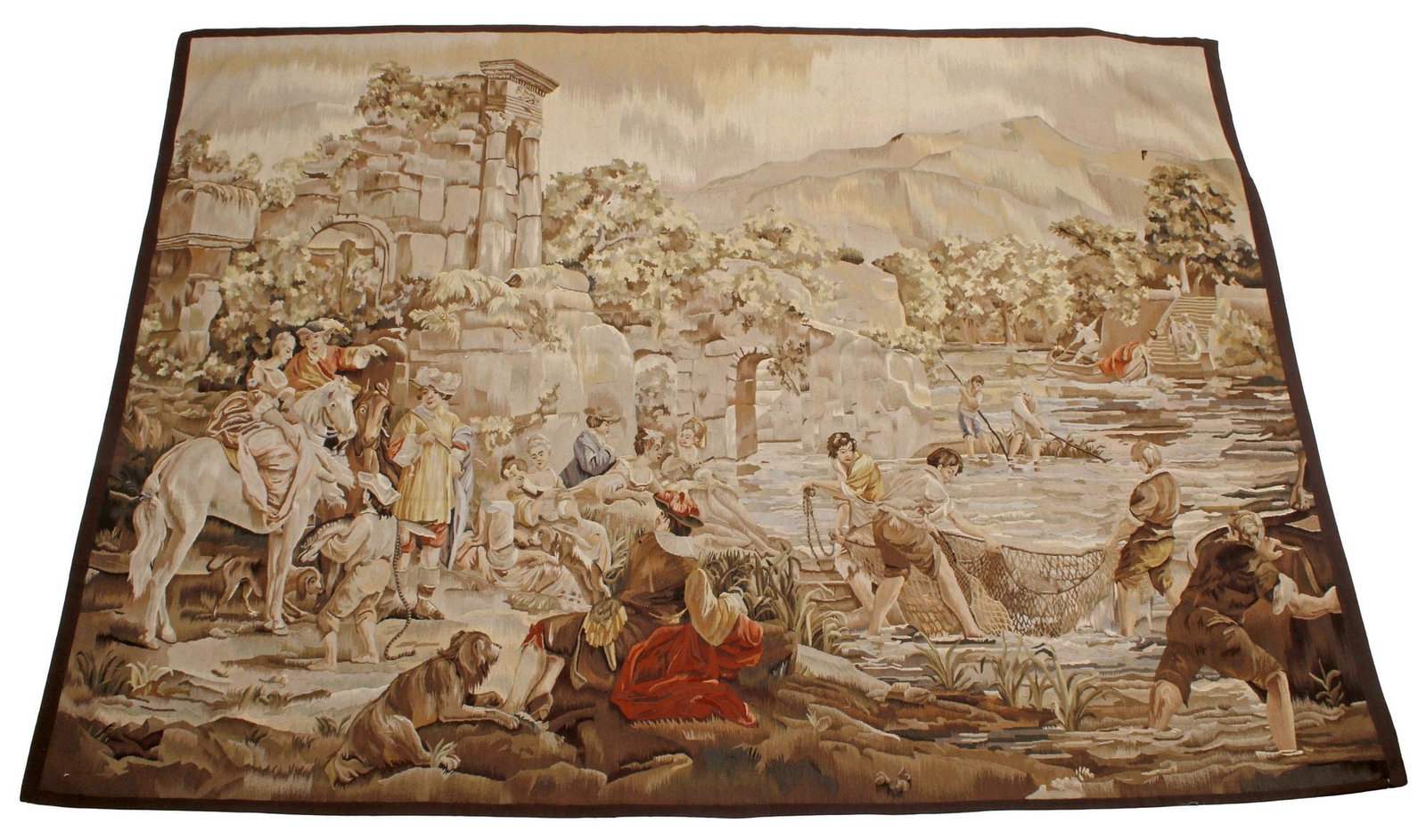FRENCH AUBUSSON ROCOCO STYLE WOVEN FIGURAL TAPESTRY, 71" X 99": French Aubusson style handwoven tapestry, 19th c., depicting pastoral figures in a riverside landscape, with fishermen and woman in Rococo-taste dress, amongst architectural Classical ruins, approx 71