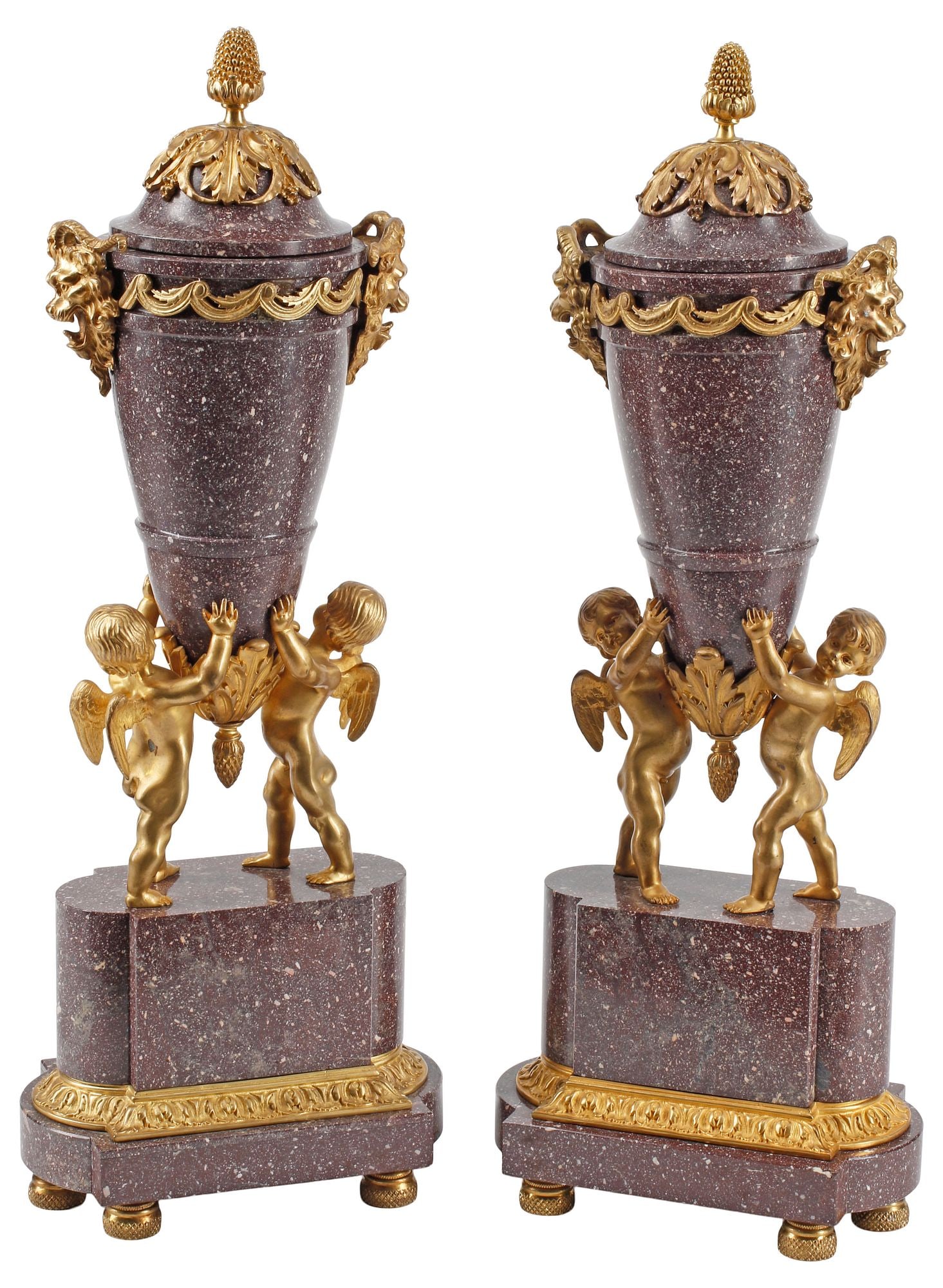 (2) LOUIS XVI STYLE ORMOLU-MOUNTED GRANITE URNS ON CHERUB STANDS (1 of 5)