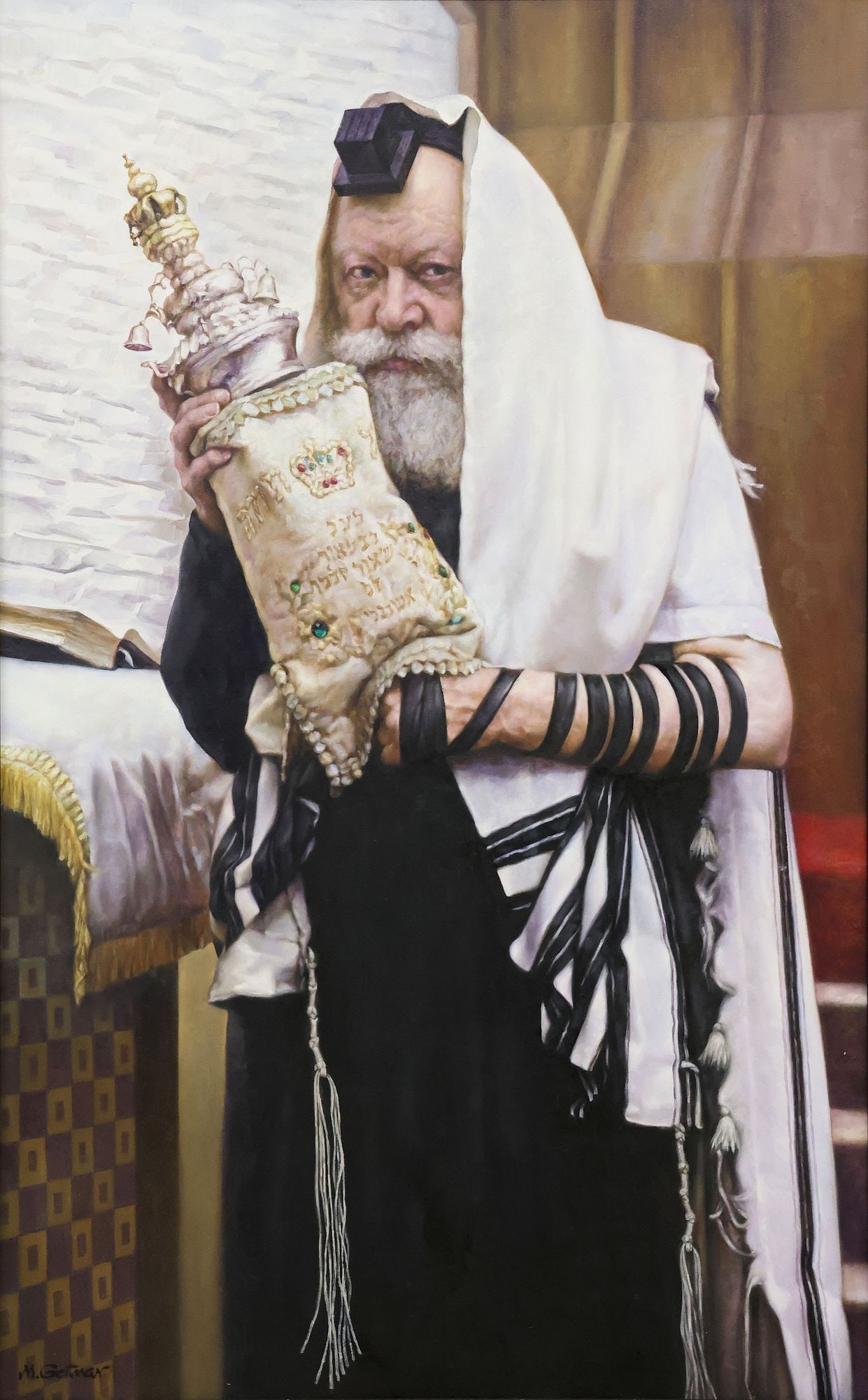 MIKHAIL GETMAN (USSR, B.1947) PAINTING, PORTRAIT OF LUBAVITCHER REBBE WITH TORAH (1 of 5)