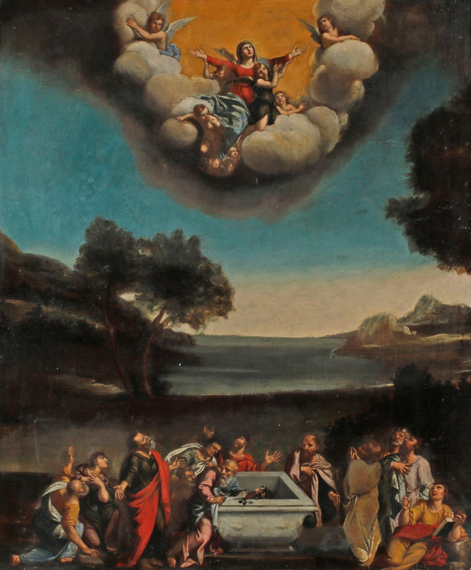 AFTER FRANCESCO ALBANI (ITALIAN, D.1660) PAINTING, 'ASSUMPTION OF THE VIRGIN', 44"H: Large framed oil on canvas painting, detail from "Landscape with the Assumption of the Virgin," after Francesco Albani (Italian, 1578-1660), apparently unsigned, canvas relined, craquelure in sky, sig