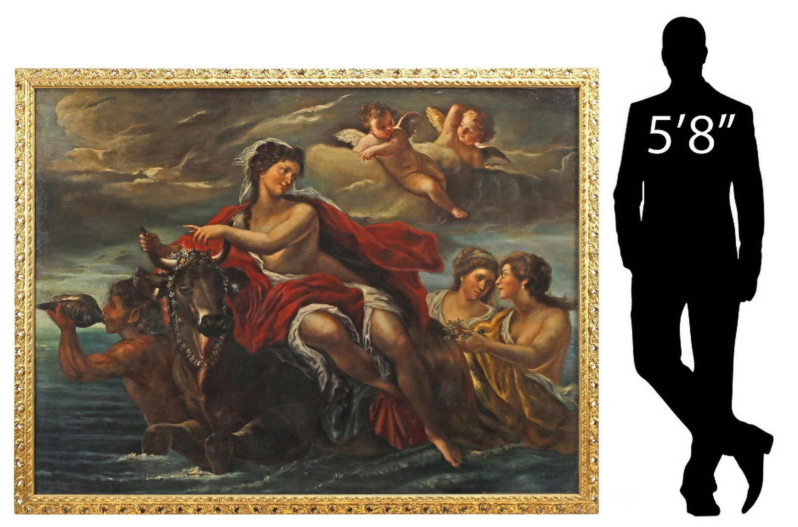 BAROQUE-STYLE ALLEGORICAL OIL PAINTING, THE RAPE OF EUROPA, 58.5" X 82": Framed oil on canvas painting, The Rape of Europa, in the manner of Luca Giordano (Italian, 1634-1705), apparently unsigned, canvas relined, sight: approx 59.5"h, 80"w, overall: approx 65.5"h, 87"w, 5