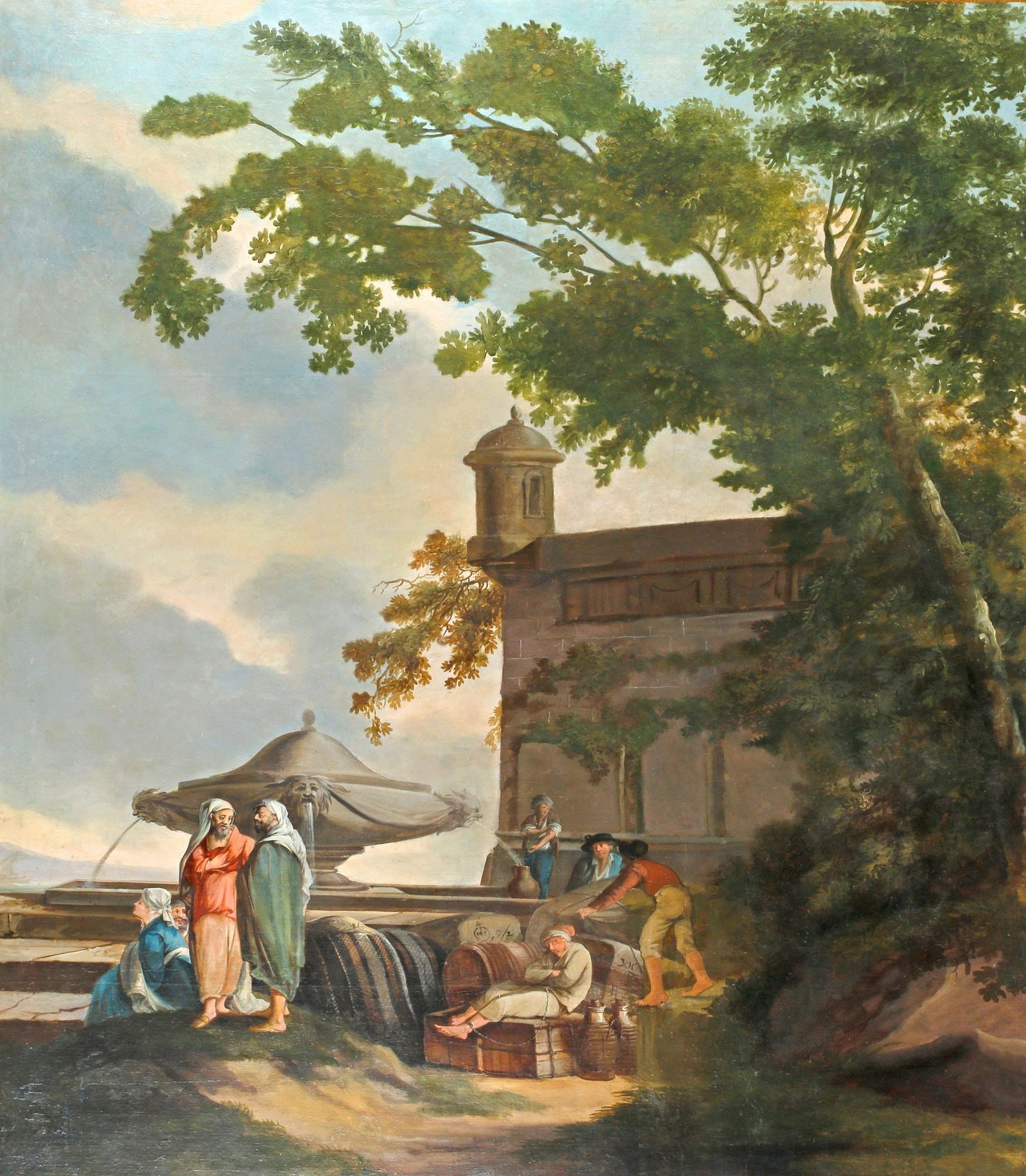 LARGE ITALIAN SCHOOL PAINTING, CAPRICCIO SCENE W/ FIGURES AT FOUNTAIN, 84" X 67": Large framed Italian School oil on canvas painting, Capriccio Scene with Figures Gathered Around a Fountain, apparently unsigned, sight: approx 84"h, 66"w, overall: approx 88"h, 69"w, 41lbs