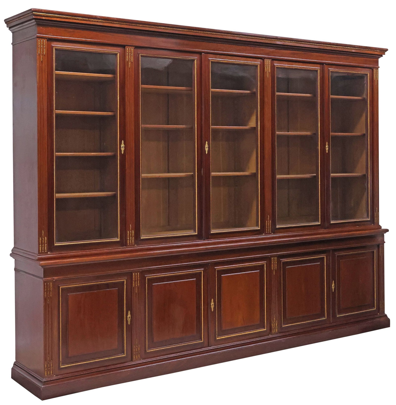 LARGE FRENCH LOUIS XVI STYLE GLAZED MAHOGANY BOOKCASE, 134"L (1 of 4)