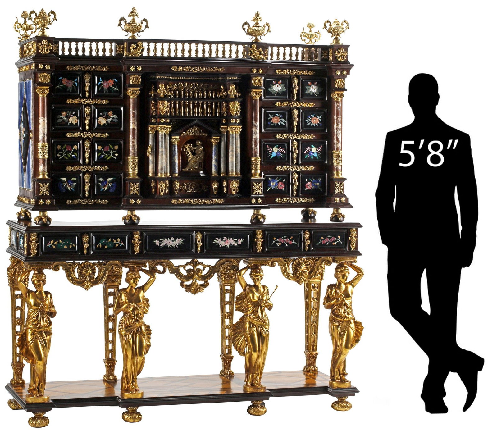 EXCEPTIONAL RENAISSANCE STYLE PIETRA DURA INLAID CABINET ON STAND, 82"H: Monumental Renaissance style pietra dura-inlaid cabinet-on-stand, with bronze dore mounts, polychrome marble and lapis lazuli inlay, and giltwood accents, having galleried crest with urn-form finials,