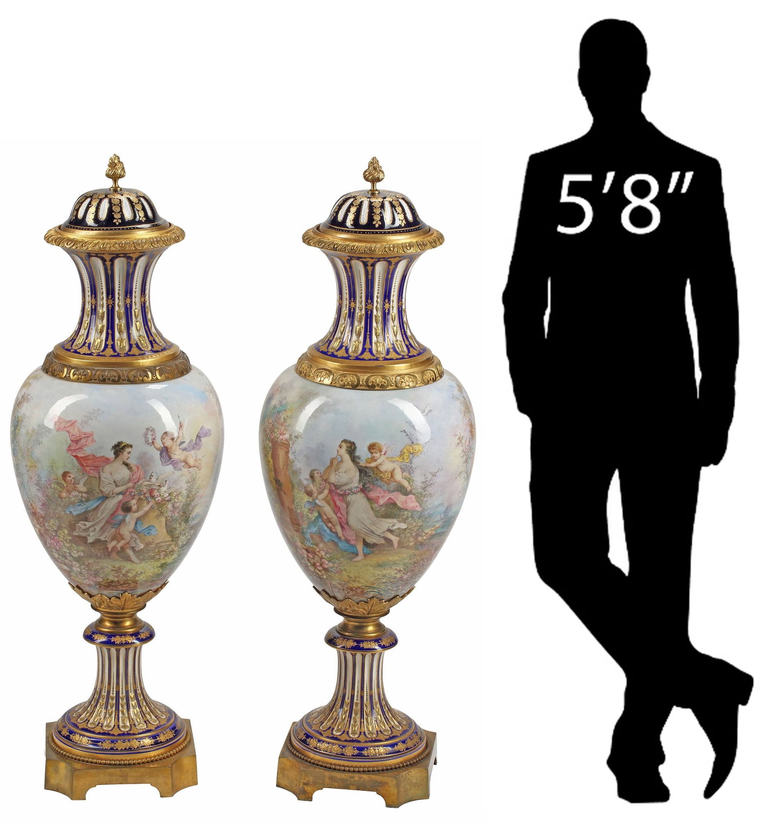 (2) MONUMENTAL SEVRES STYLE ORMOLU-MOUNTED PORCELAIN VASES, 43"H: (pair) Monumental Sevres style porcelain covered vases, with bronze dore mounts, each artist signed Eug. Poitevin (Eugene Poitevin, French, 1806-1870), depicting draped cherubs and floral motifs, risi