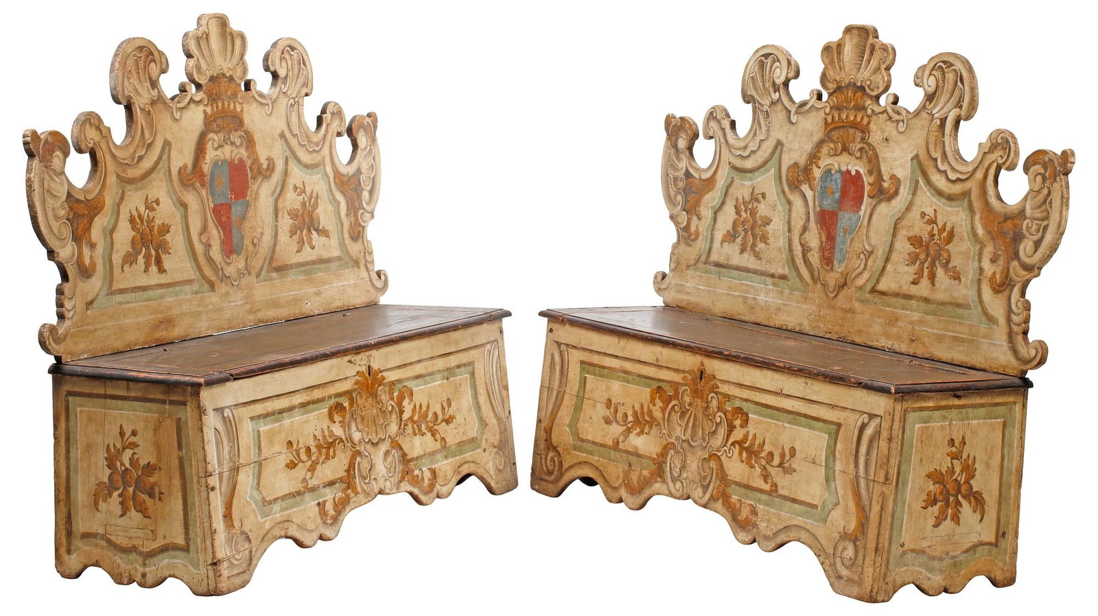 (2) ITALIAN BAROQUE STYLE PAINTED HIGHBACK CASSAPANCAS / BENCHES (1 of 8)
