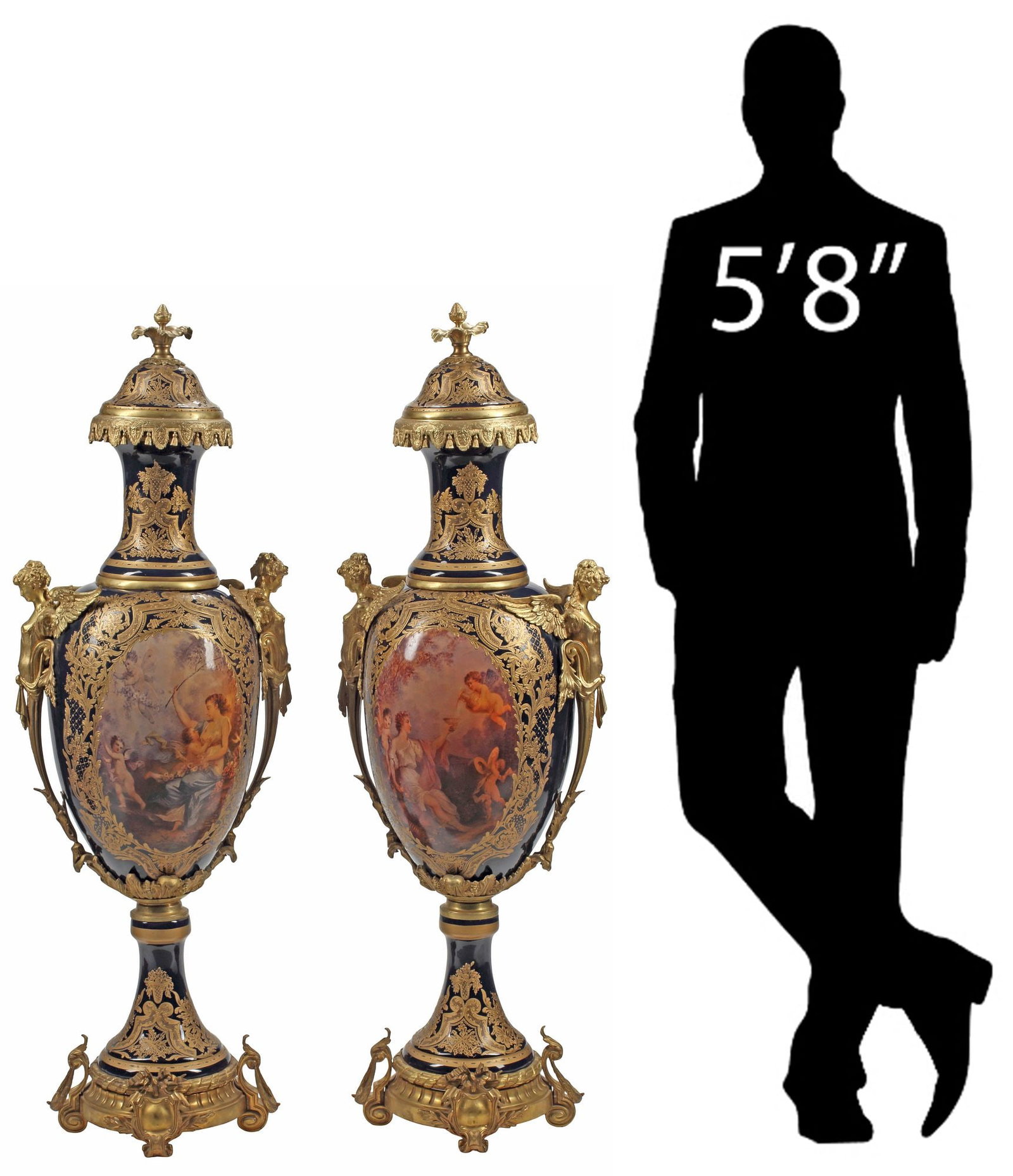 (2) MONUMENTAL SEVRES STYLE ORMOLU-MOUNTED PORCELAIN VASES, 42"H: (pair) Large French Sevres style parcel-gilt porcelain covered vases, each having lid with foliate finial, above dual winged caryatid handles, reserves with transfer-printed decoration signed in print