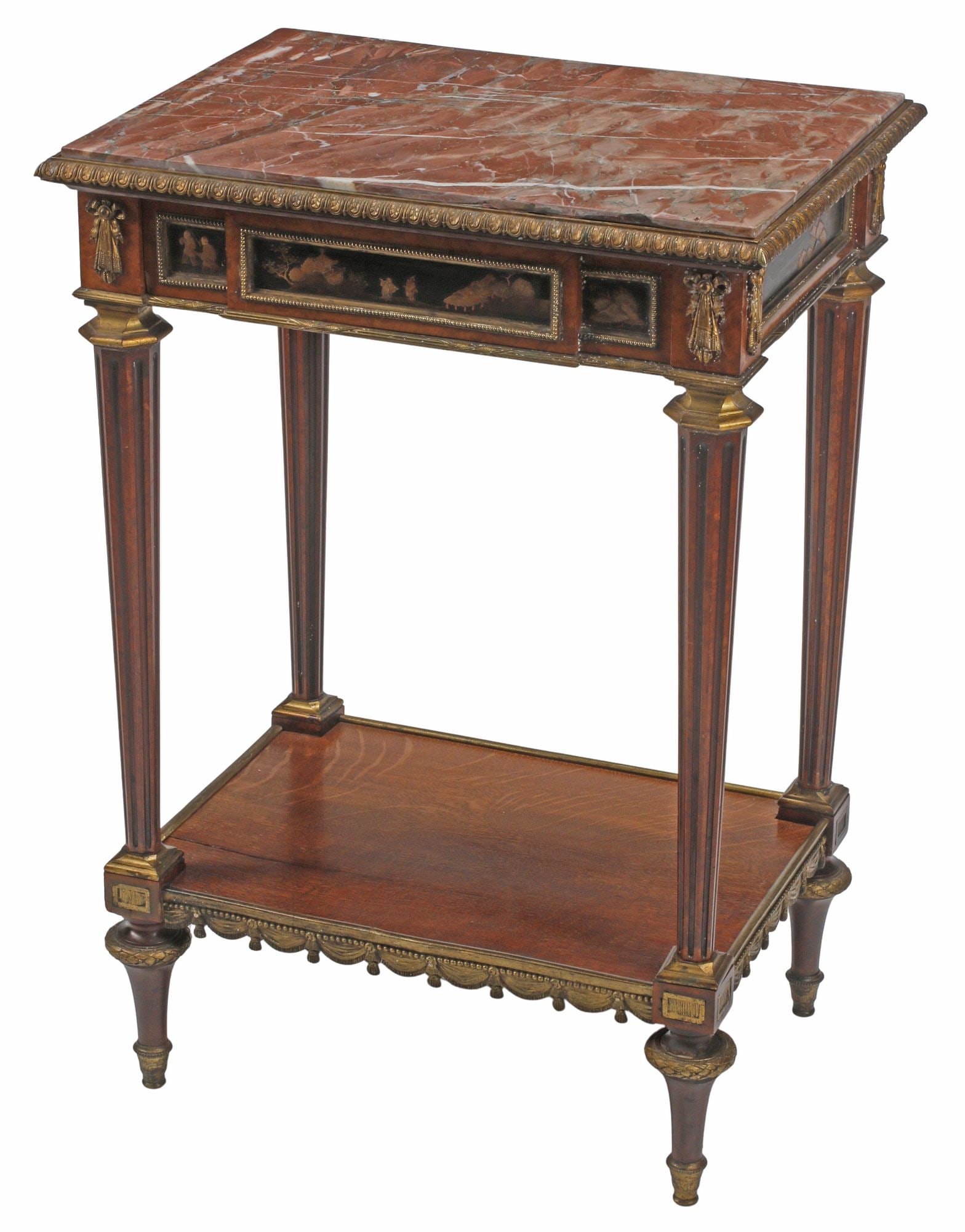 FINE HENRY DASSON (D. 1896) LOUIS XVI STYLE ORMOLU-MOUNTED SIDE TABLE: Fine French Louis XVI style mixed wood side table, Henry Dasson (French, 1825-1896), late 19th c., with bronze dore mounts, rectangular marble top, above black lacquered apron with chinoiserie landsca