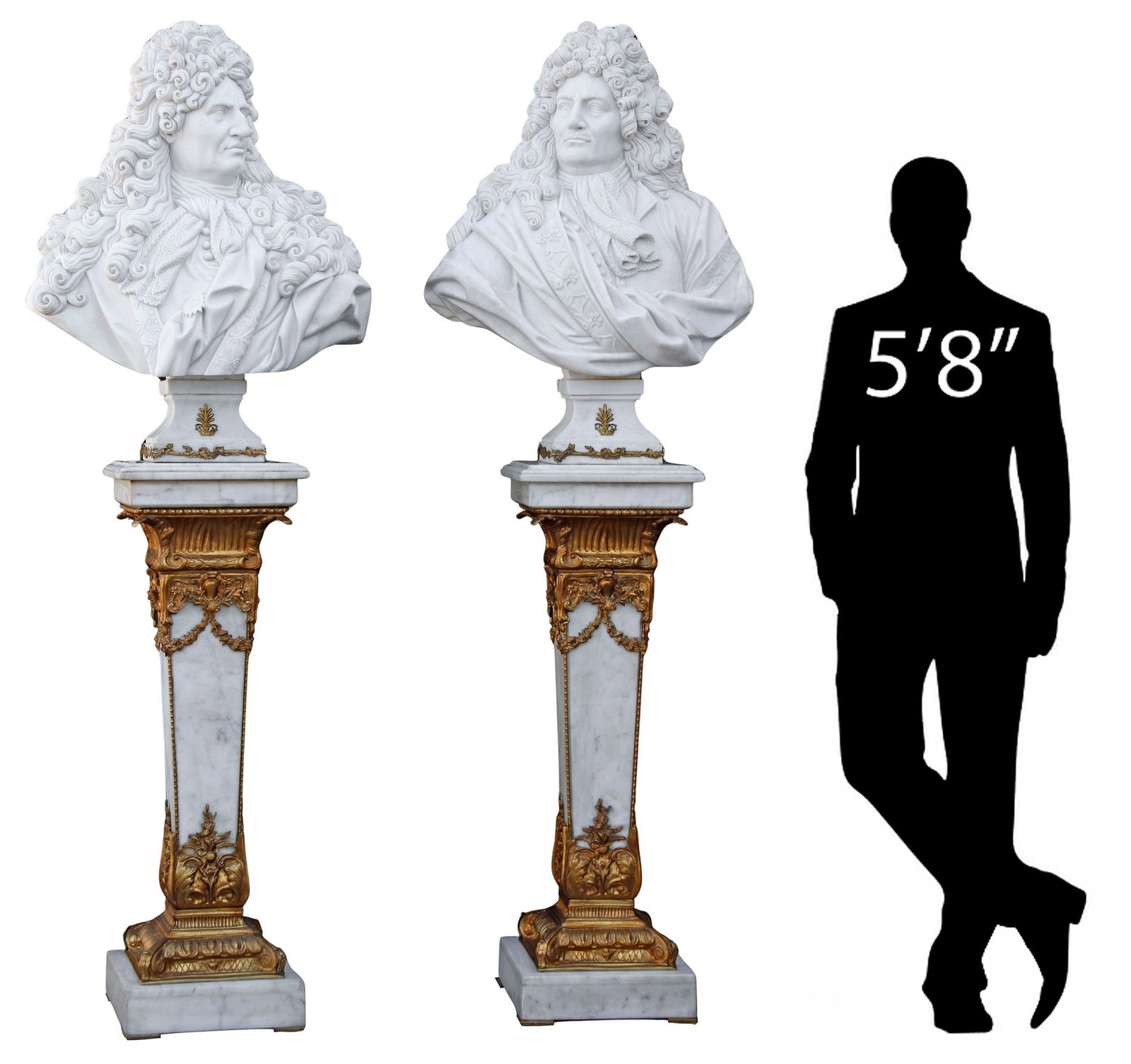 (2) CARVED MARBLE BUSTS OF FRENCH GENTLEMEN ON ORMOLU-MOUNTED PEDESTALS, 89.5"H (1 of 5)