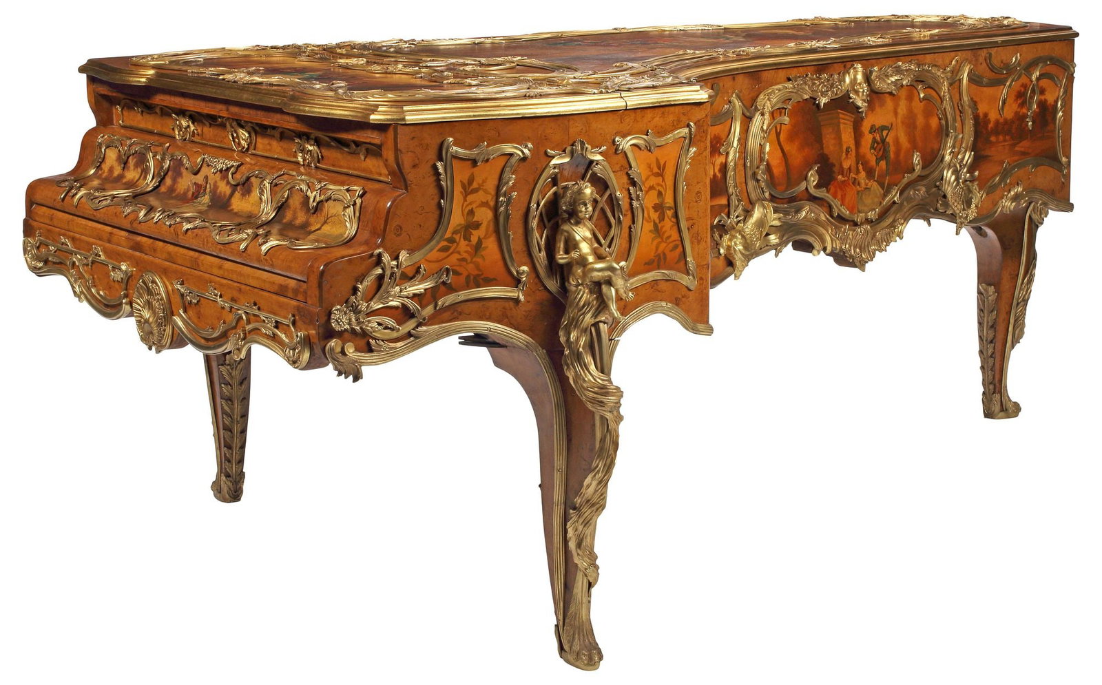 FINE FRENCH LOUIS XV STYLE ERARD ORMOLU-MOUNTED & PAINTED ART CASE GRAND PIANO: Exceptional French Louis XV style art-case burlwood grand piano, Erard, Paris, shaped bombe case with bronze dore mounts and Vernis-Martin style painted decoration, depicting pastoral figures and cour