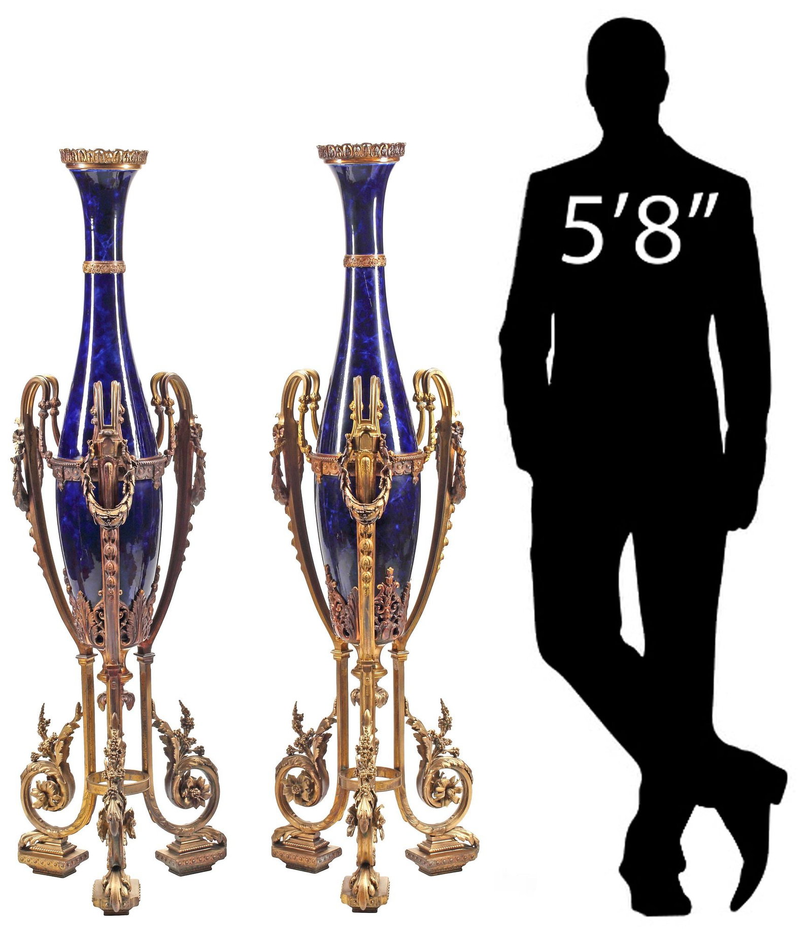 (2) MONUMENTAL SEVRES STYLE ORMOLU-MOUNTED COBALT PORCELAIN VASES, 63.5"H: (pair) Large Sevres style cobalt porcelain floor vases, 19th c., each with bronze dore mounts, narrow bottle-form body with arched handles, rising on scrolled tripartite stand and rectangular feet, ap