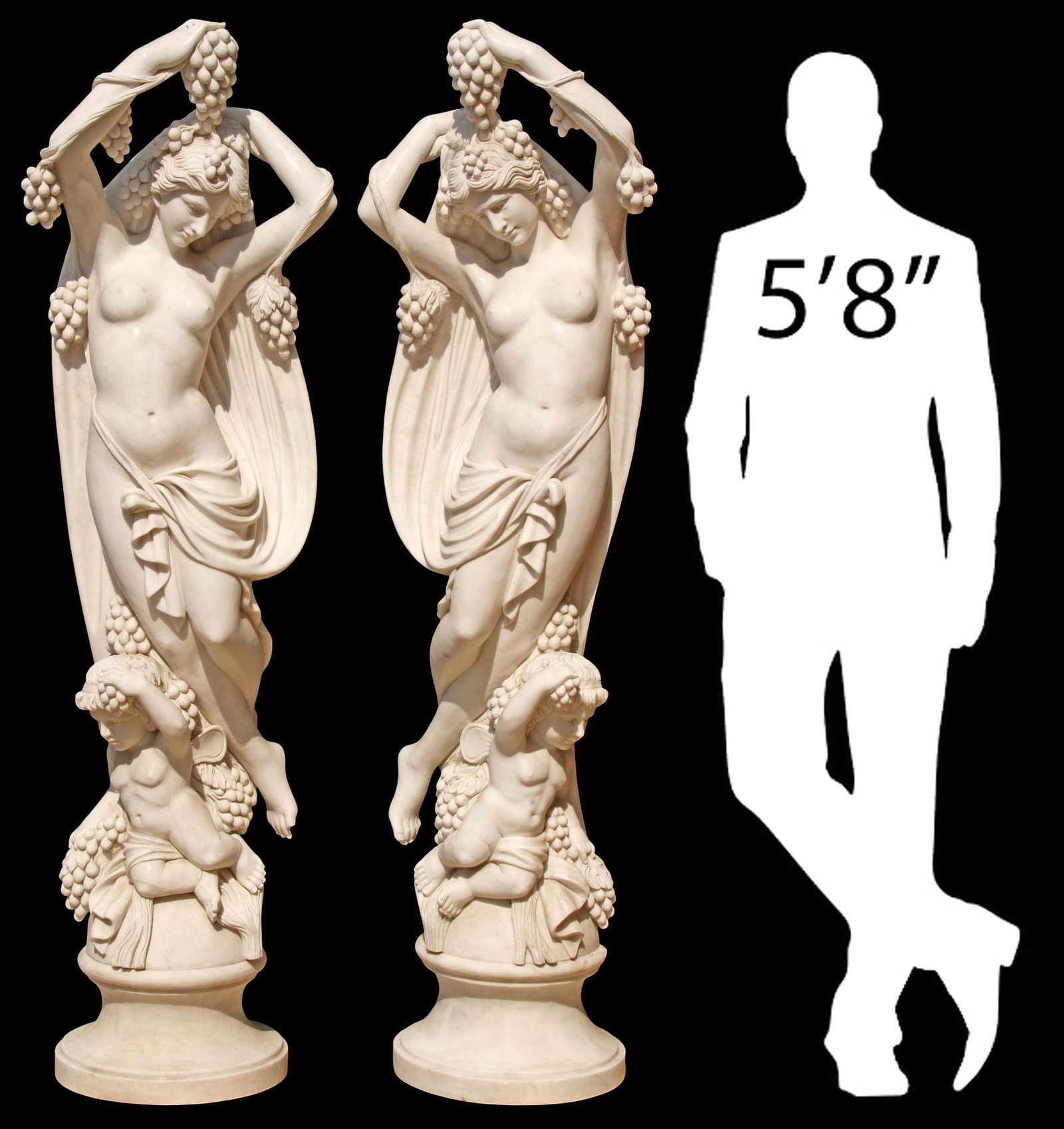(2) LIFE-SIZE CARVED MARBLE GARDEN FIGURES, CLASSICAL BEAUTIES & CHERUBS, 71"H (1 of 12)