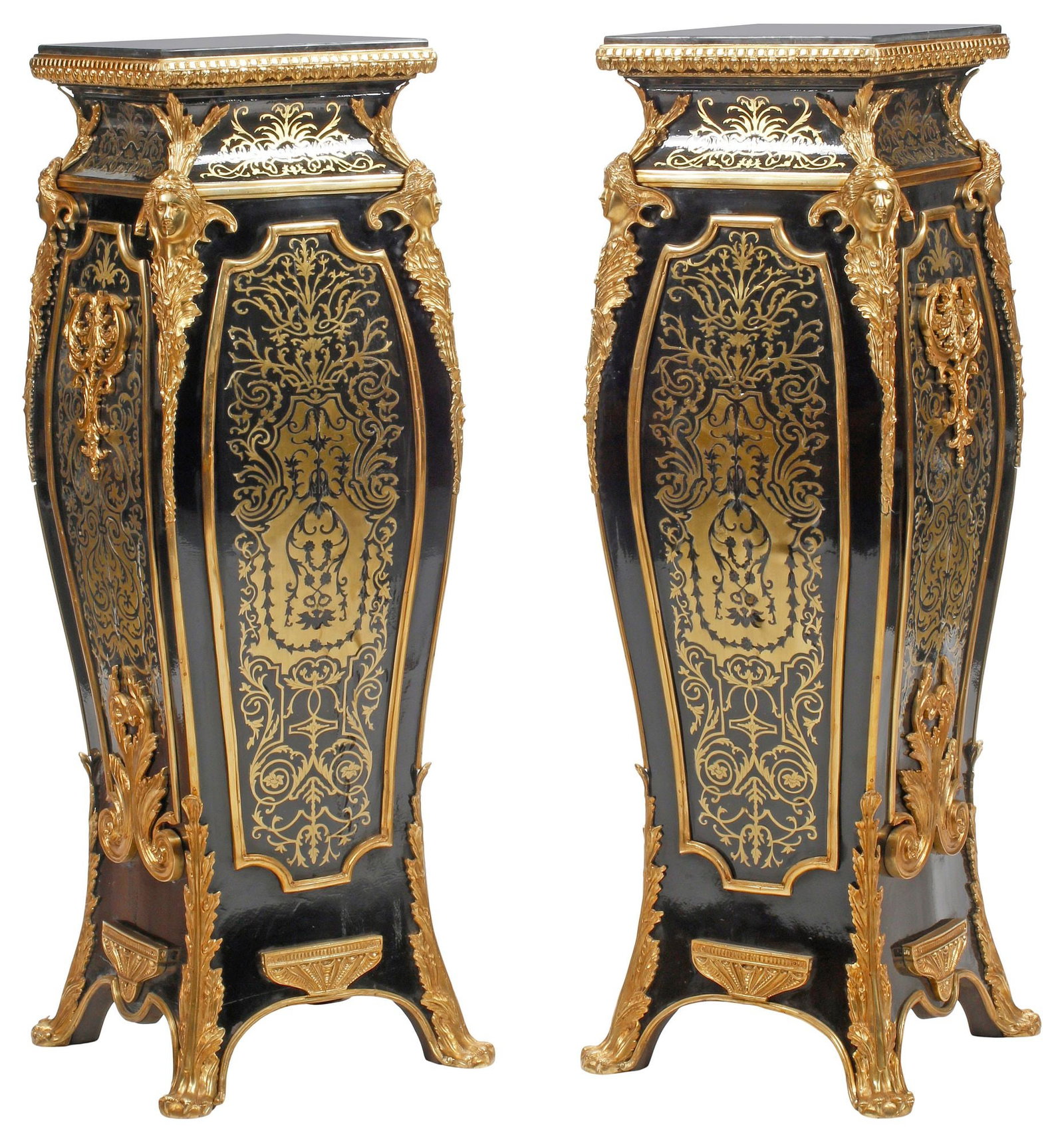 (2) LOUIS XIV STYLE MARBLE-TOP ORMOLU-MOUNTED & BRASS INLAID PEDESTALS (1 of 6)