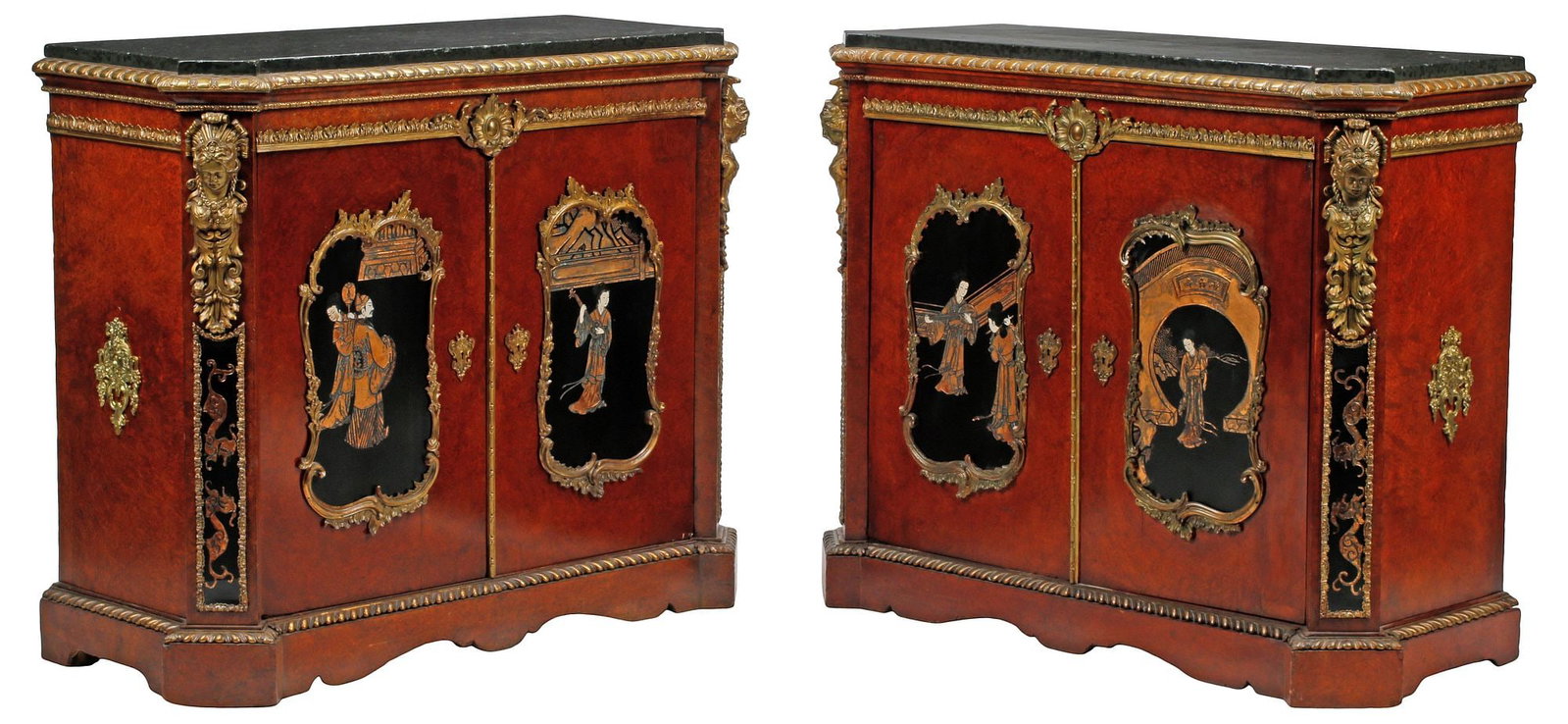 (2) FRENCH NAPOLEON III ORMOLU-MOUNTED CHINOISERIE LACQUER CABINETS: (pair) French Napoleon III bronze-mounted burlwood side cabinets, each having painted marbleized top, over dual cabinet doors with inset lacquered panels, depicting chinoiserie figures in architectura