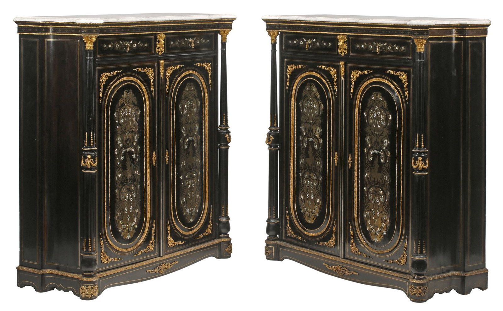 (2) ENGLISH VICTORIAN MARBLE-TOP BRASS-INLAID EBONIZED CABINETS (1 of 11)