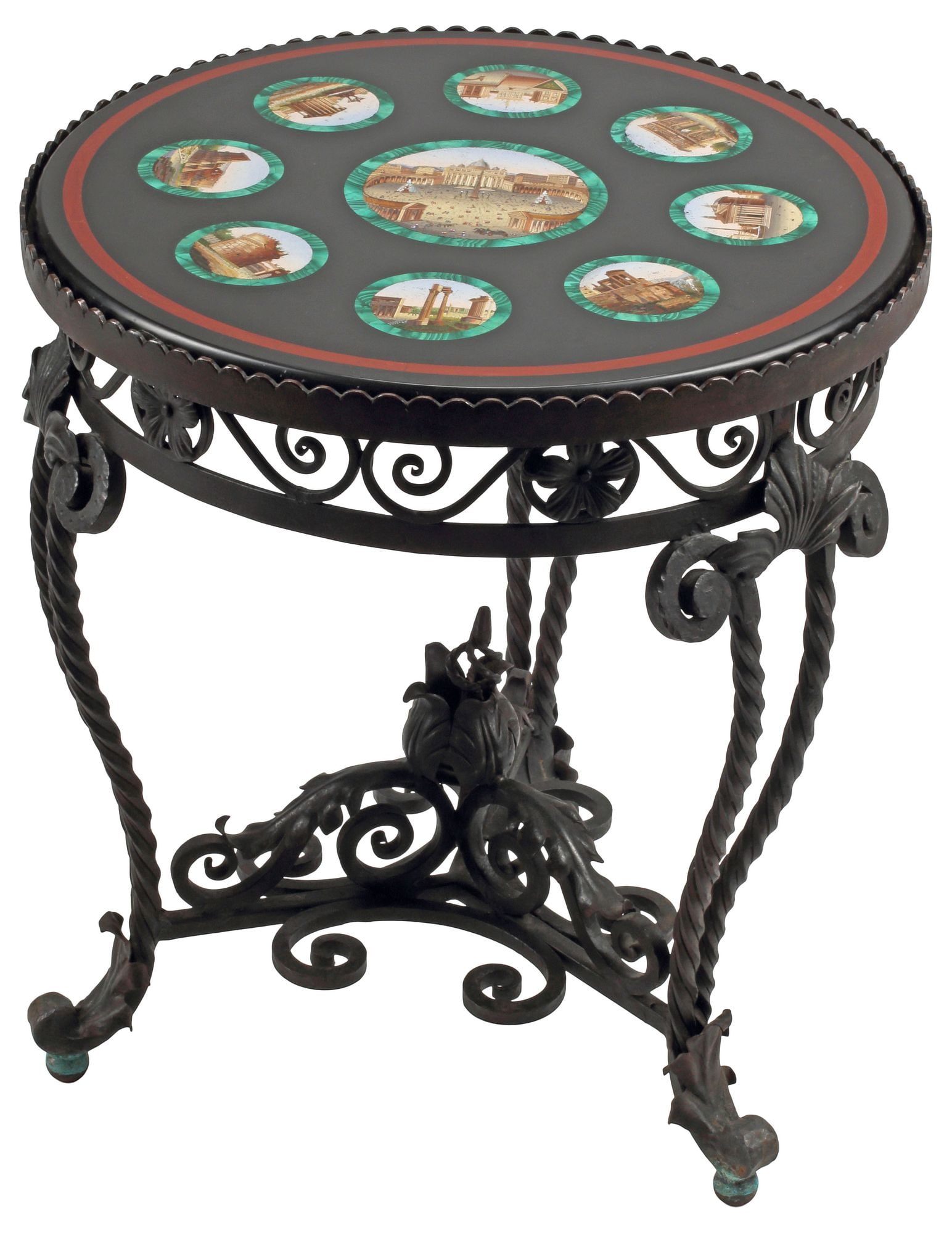 ITALIAN GRAND TOUR STYLE MICROMOSAIC-INLAID WROUGHT IRON TABLE, 19THC.: Italian Neoclassical style wrought iron pedestal table, 19th c., circular top with inlaid micromosaic roundels, depicting architectural ruins and Roman attractions, with malachite trim, on stretcher-j