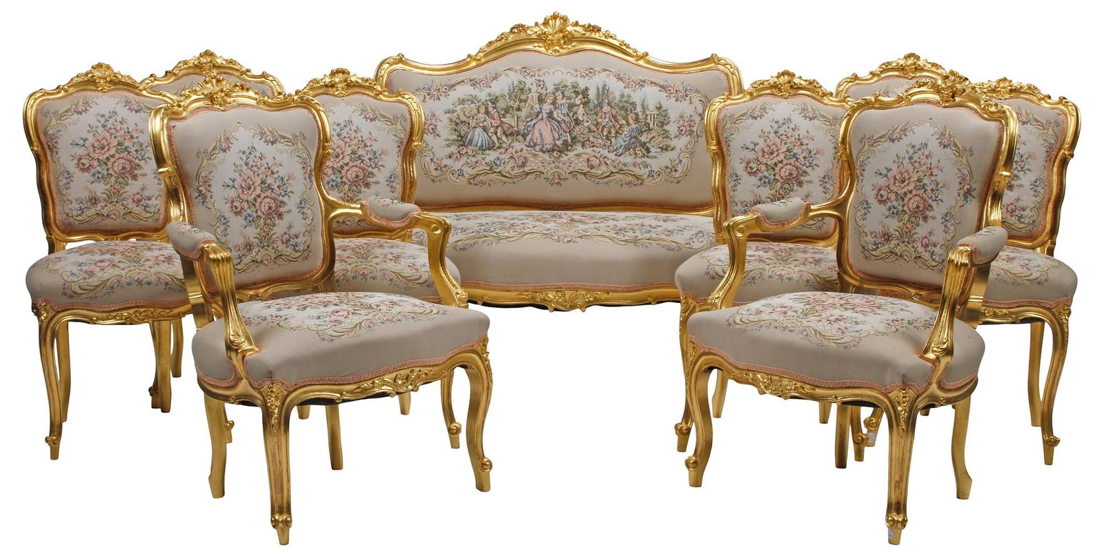 (9) LOUIS XV STYLE UPHOLSTERED GILTWOOD SALON SETTEE & CHAIRS SET (1 of 9)