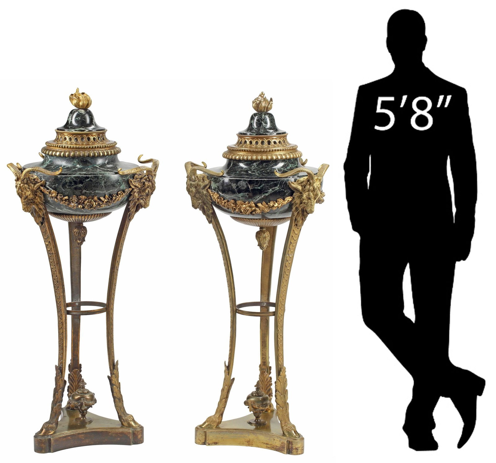 (2) LARGE FRENCH EMPIRE ORMOLU-MOUNTED GREEN MARBLE CASSOLETTES, 46"H: (pair) Monumental French Empire green marble cassolettes, 19th c., with bronze dore mounts, each surmounted by a flaming torch finial, above urn-form body with protruding ram heads flanked by draped