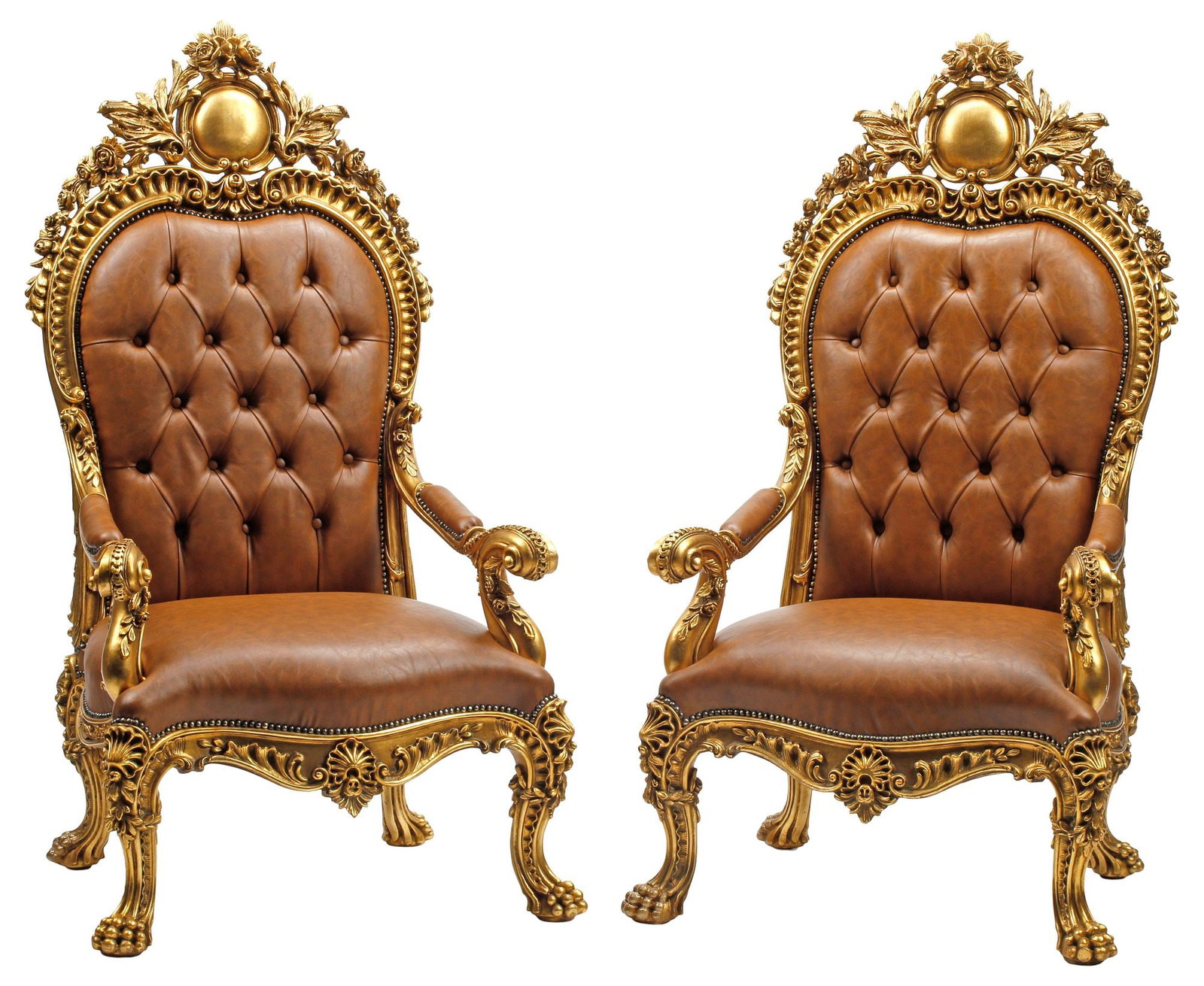 (2) ROCOCO STYLE GILTWOOD & TAN LEATHER THRONE CHAIRS: (pair) Large Rococo style giltwood throne armchairs, each having floral crest above upholstered cartouche, decorated with molded foliate scrollwork and rocaille shell motifs, in tan button-tufted