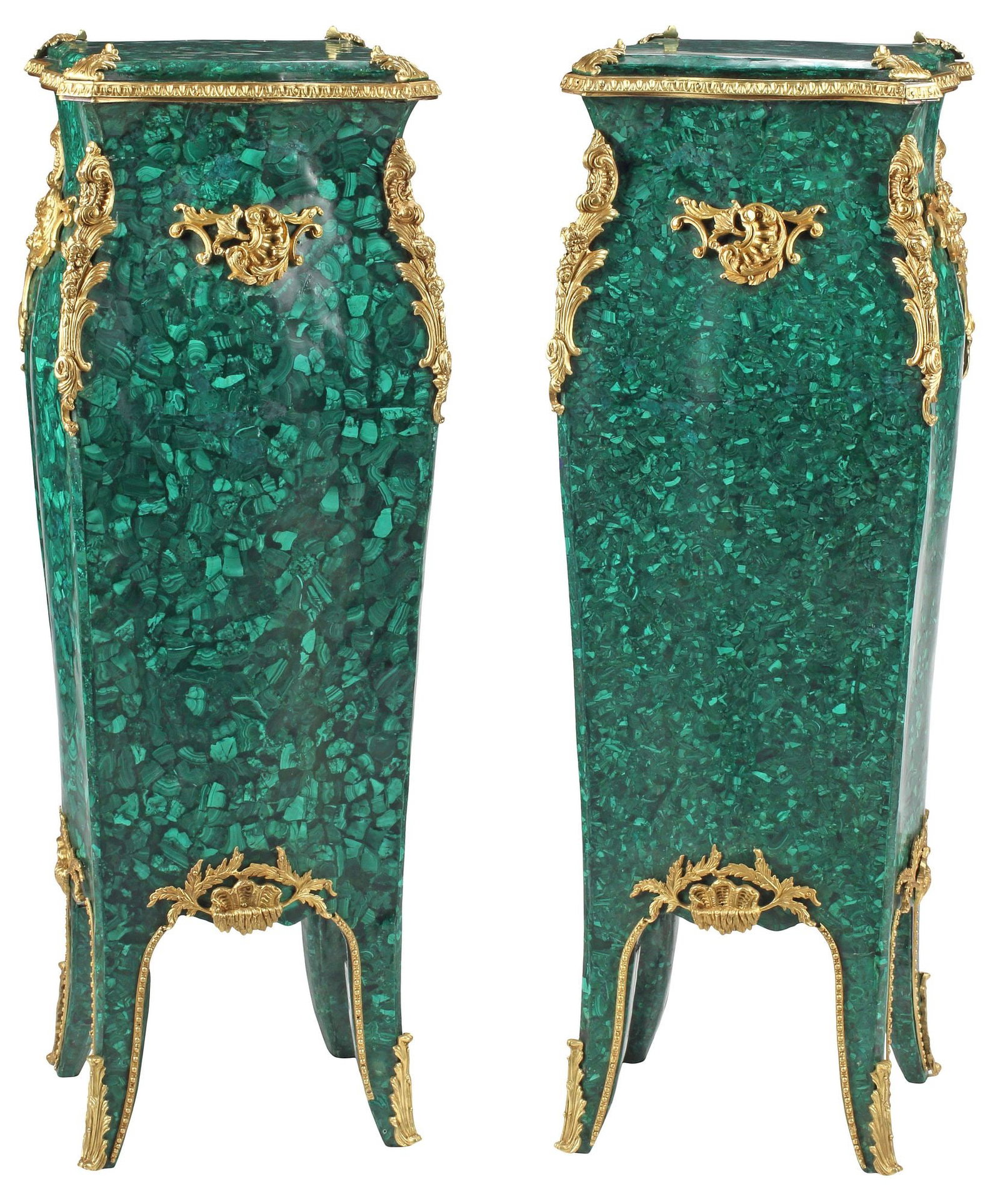 (2) LARGE LOUIS XV STYLE ORMOLU-MOUNTED MALACHITE VENEER PEDESTALS: (pair) Large Louis XV style malachite-veneered pedestals/ display stands, each with bronze dore mounts, having canted square top, over bombe case, on French bracket feet and sabots, approx 46.5"h, 16"