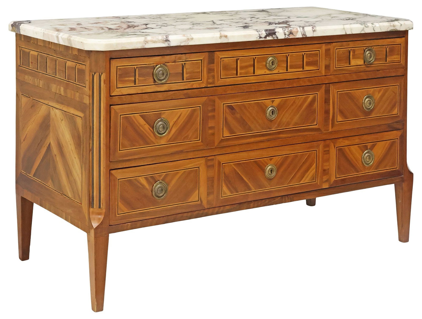 ITALIAN NEOCLASSICAL STYLE MARBLE-TOP PARQUETRY-INLAID COMMODE: Italian Neoclassical style matched-veneer commode, 19th c., having canted rectangular marble top, over three drawers with contrasting parquetry-inlaid trim, rising on tapering square legs, approx