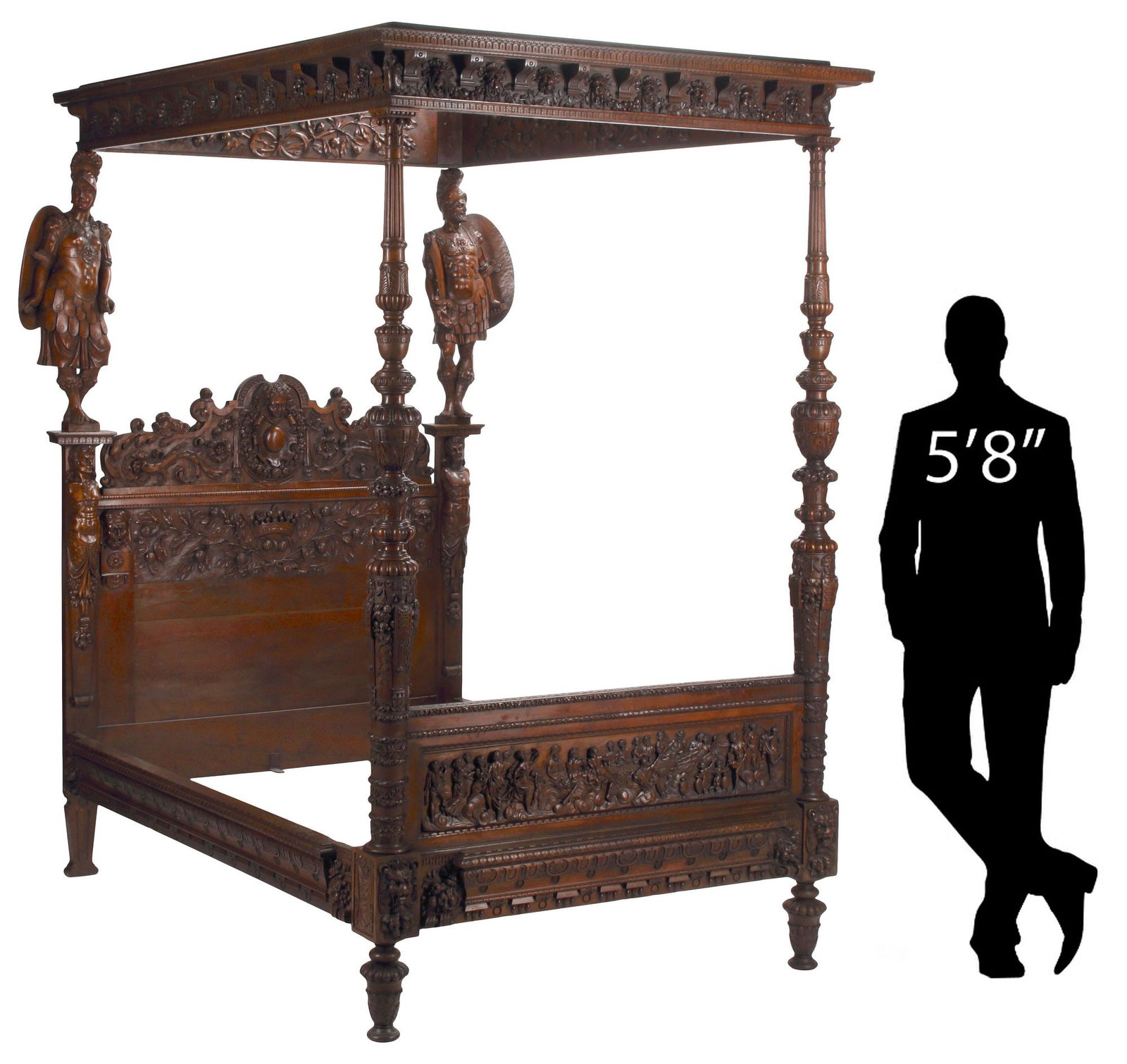 FINE FRENCH RENAISSANCE REVIVAL FOURDINOIS-STYLE CARVED WALNUT CANOPY BED, 106"H: Exceptional French Renaissance Revival carved walnut four-poster/ tester bed, in the manner of Maison Fourdinois, late 19th c., having molded canopy with architectural corbels and foliate swags, the