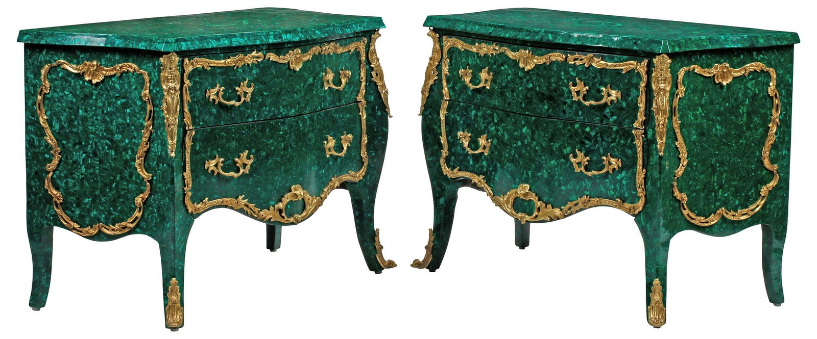 (2) LOUIS XV STYLE ORMOLU-MOUNTED MALACHITE VENEER BOMBE COMMODES (1 of 7)