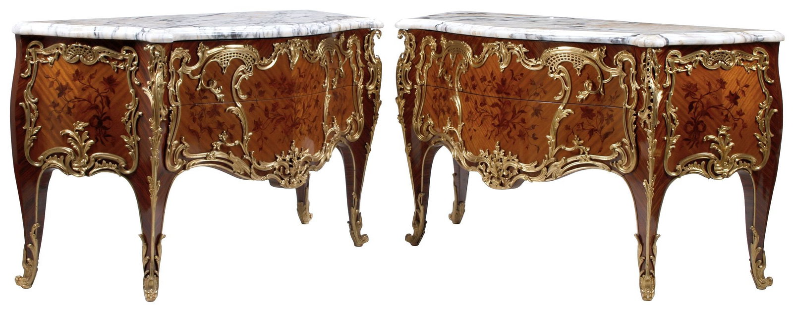 (2) LOUIS XV STYLE MARBLE-TOP ORMOLU-MOUNTED & INLAID COMMODES (1 of 12)
