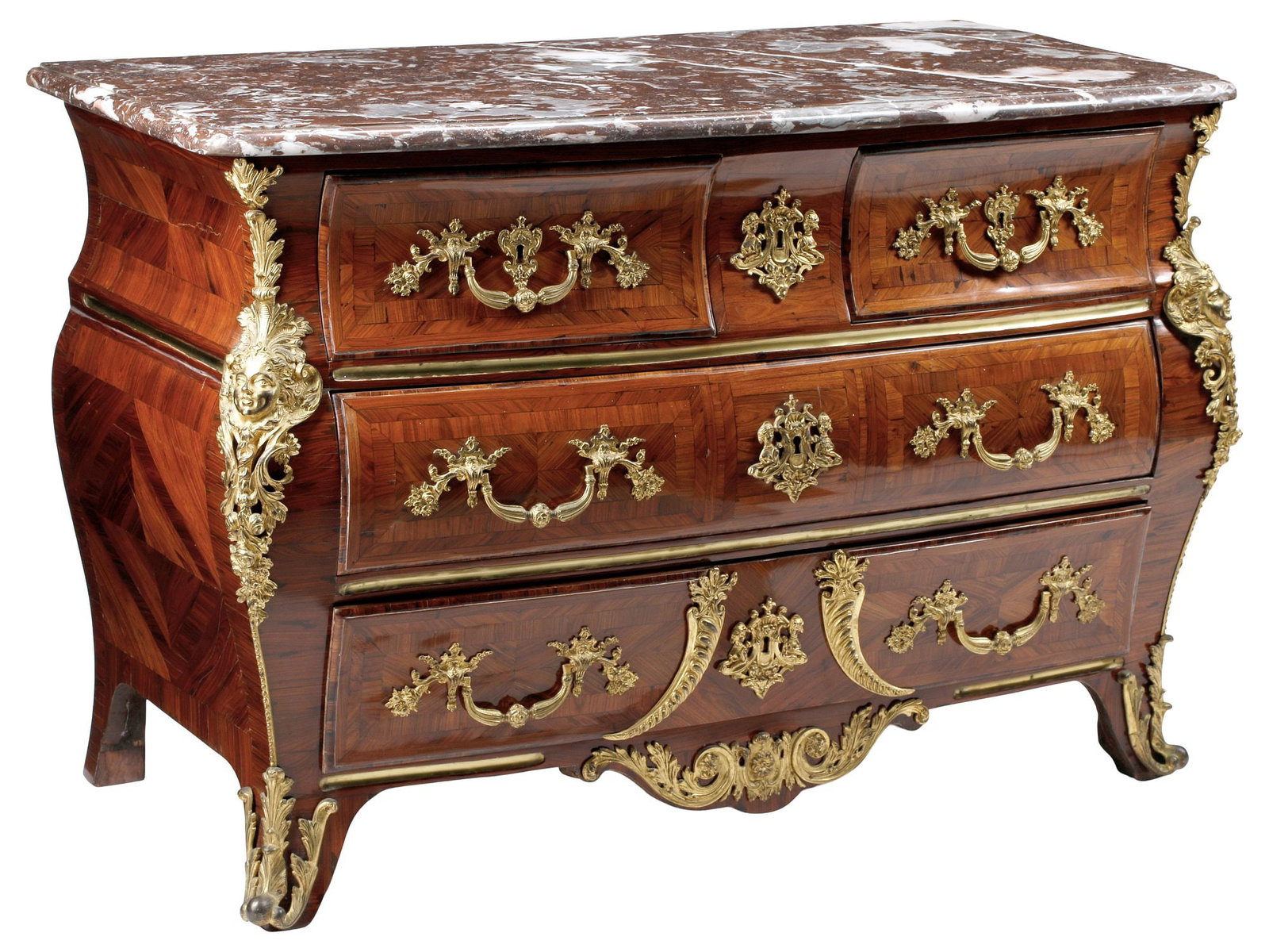 FRENCH REGENCE MARBLE-TOP ORMOLU-MOUNTED BOMBE COMMODE, 18TH C. (1 of 9)
