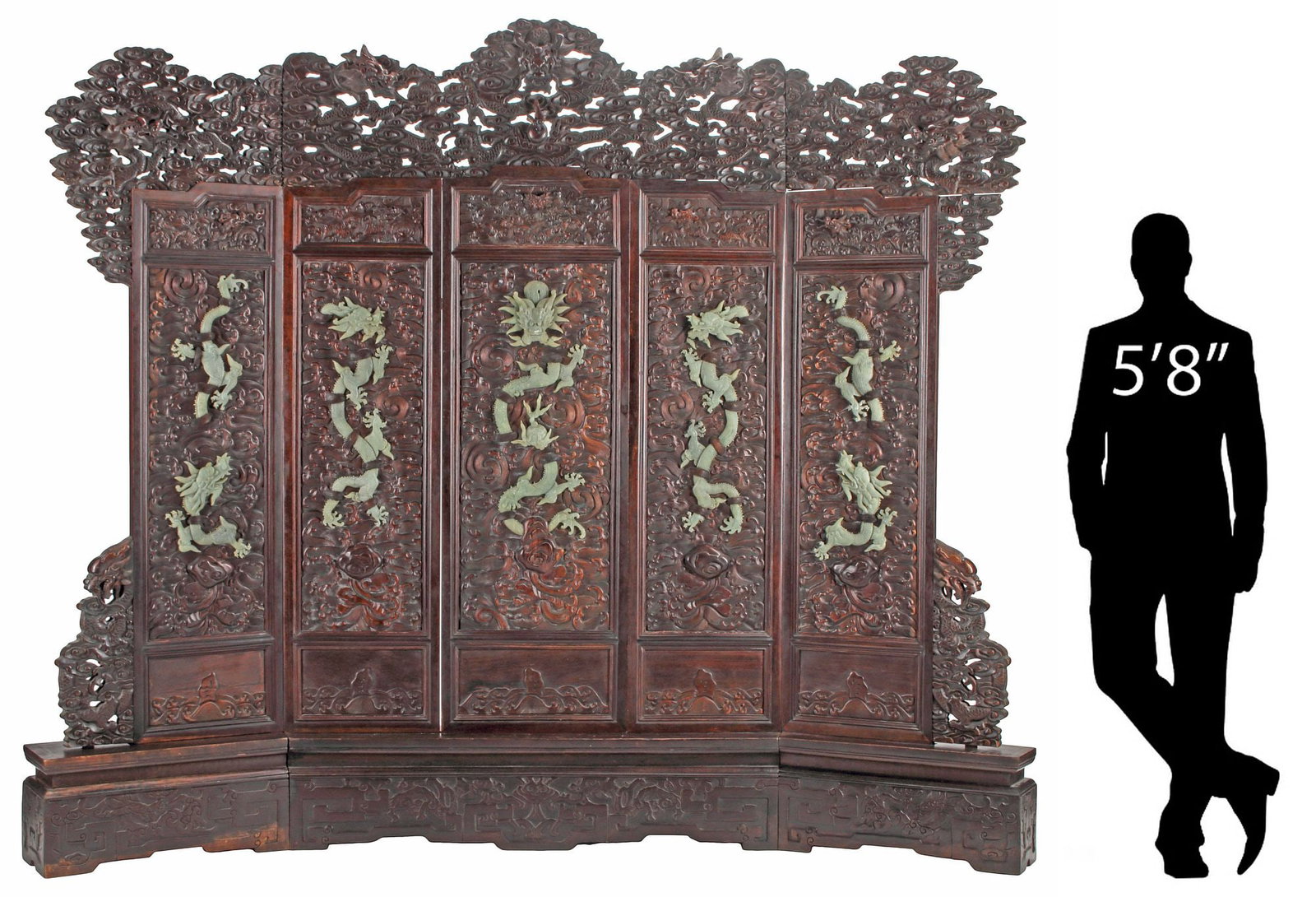 PALATIAL CHINESE CARVED & GREEN HARDSTONE-INLAID 5-PANEL FLOOR SCREEN, 93"H: Monumental Chinese green hardstone-inlaid five-panel floor screen, openwork carved hardwood crest, above paneled back with dragons and auspicious clouds, rising on platform base and bracket feet,