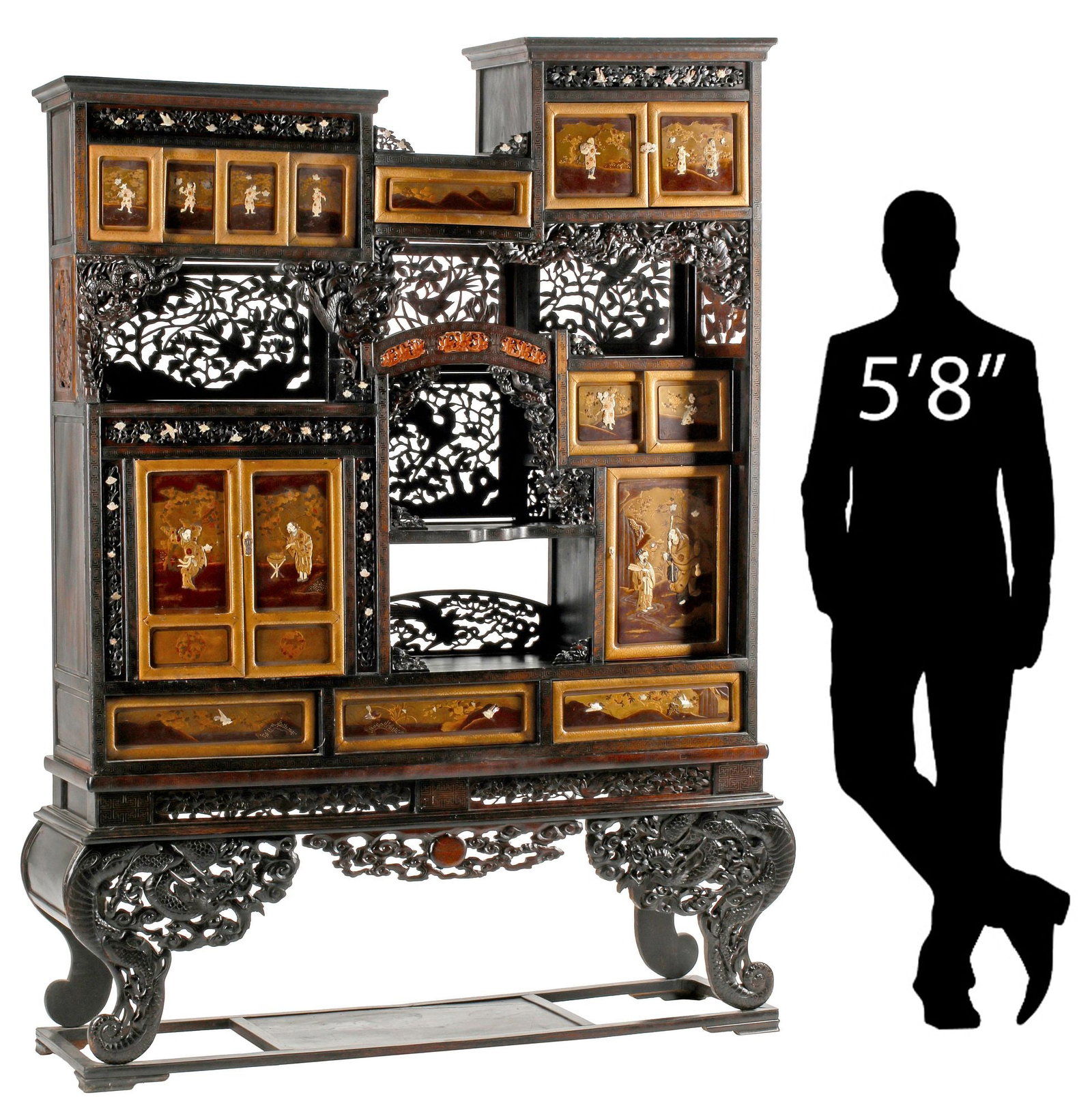 JAPANESE MEIJI PERIOD BLACK-LACQUERED & INLAID SHODANA CABINET, 86"H: Large Japanese carved and lacquered cabinet with shelves (shodana), Meiji period (1868-1912), asymmetrical case with Shibayama-style inlaid cabinet doors with mother-of-pearl accents, each enclosing