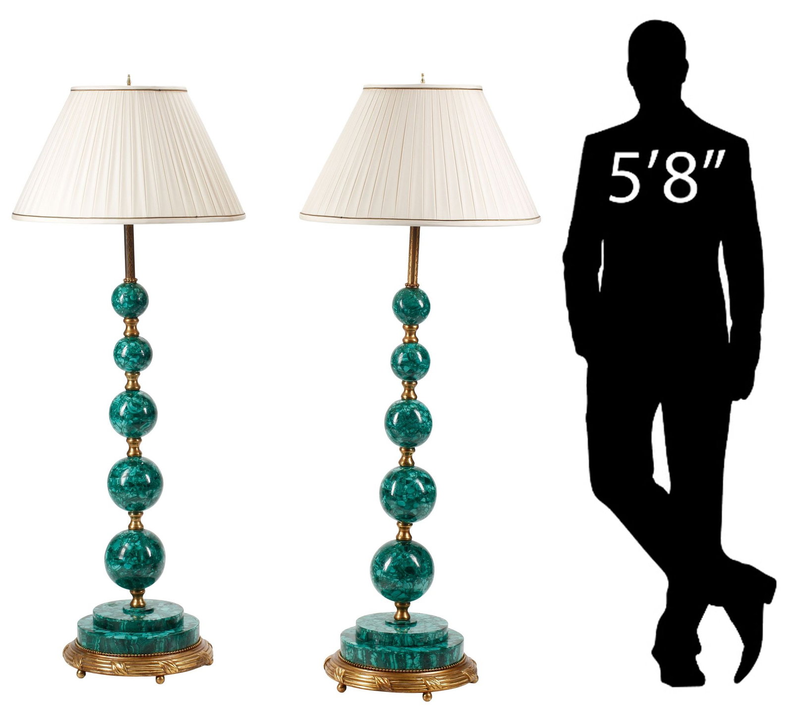 (2) LARGE ART MODERNE MALACHITE SPHERE FLOOR LAMPS, 60"H: (pair) Large Art Moderne malachite single-light floor lamps, each having patterned upper stem, standard composed of five graduated spheres, separated by gilt metal fittings, raised on circular gilt